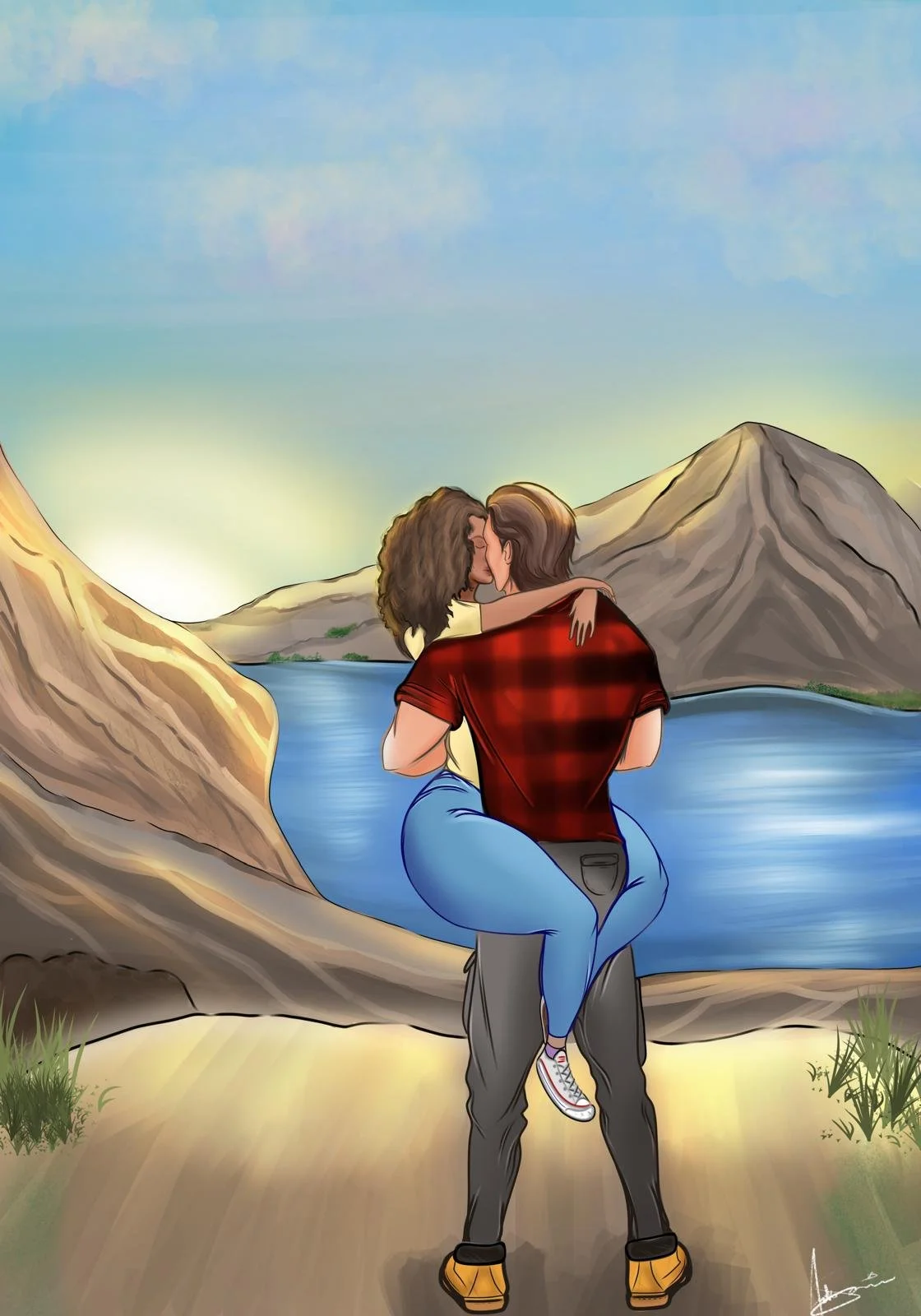 A couple sharing a kiss outdoors with mountains and a lake in the background during sunset or sunrise. It is digital artwork by Art_By_Artorias for an indie author book.