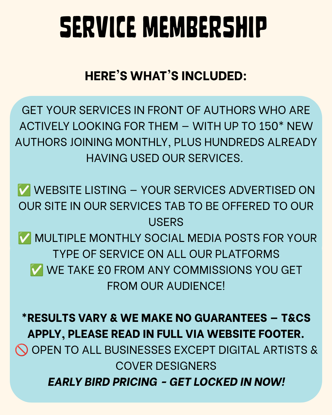 A service membership advertisement with details about included services, pricing, and exclusions, featuring a light background with bold black headings and green checkmarks.