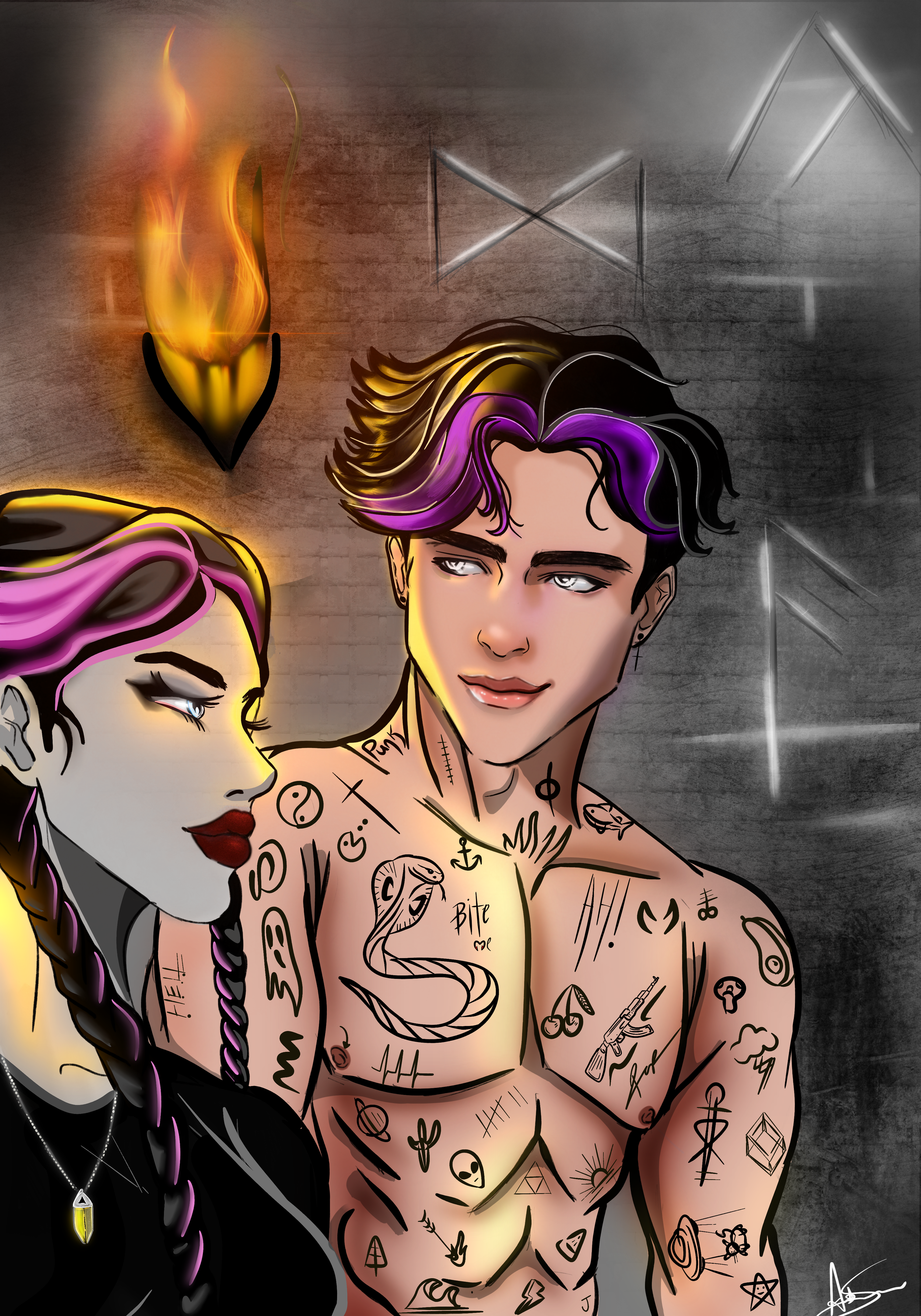 Digital drawing of a shirtless man with tattoos and purple streaks in his hair, looking at a woman with pink and purple hair, both with light skin, against a dark background with a torch and abstract symbols. It is digital artwork by Art_By_Artorias