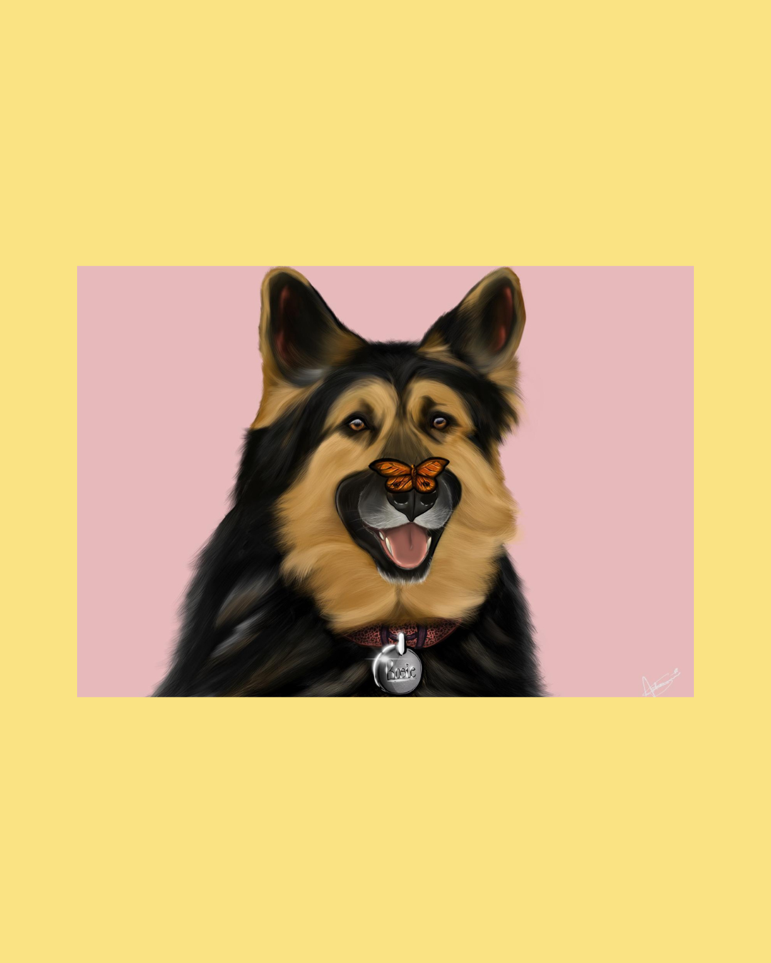 Digital illustration of a happy dog with a butterfly on its nose, against a pink and yellow background. designed by art by artorias