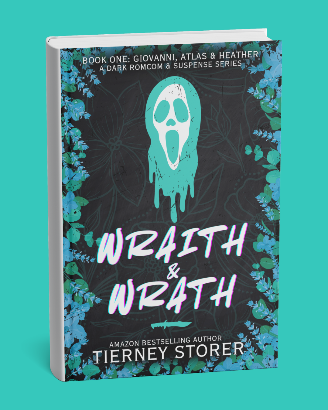 Book cover titled 'Wraith & Wraith' by Tierney Storier, with a black background and floral border, featuring a ghostly skull dripping with a blue hue. designed by art by artorias