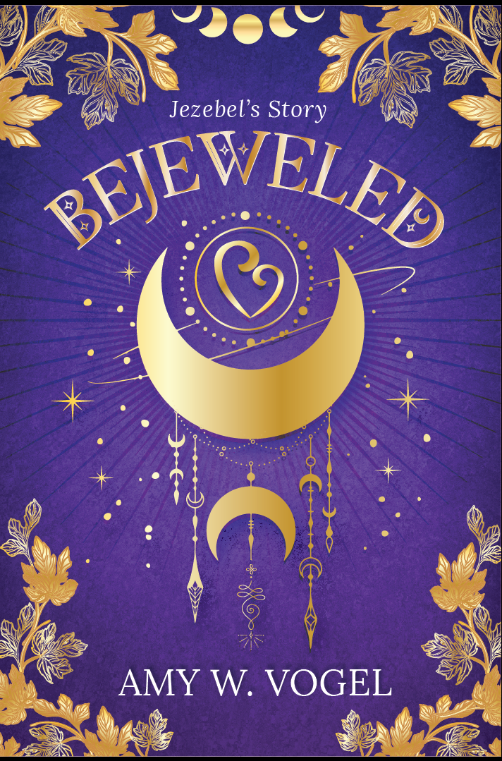 Book cover titled 'Bejeweled: Jezebel's Story' by Amy W. Vogel. The cover features a deep purple background with gold celestial illustrations, including a large crescent moon, various hanging charms, and floral accents at the corners.