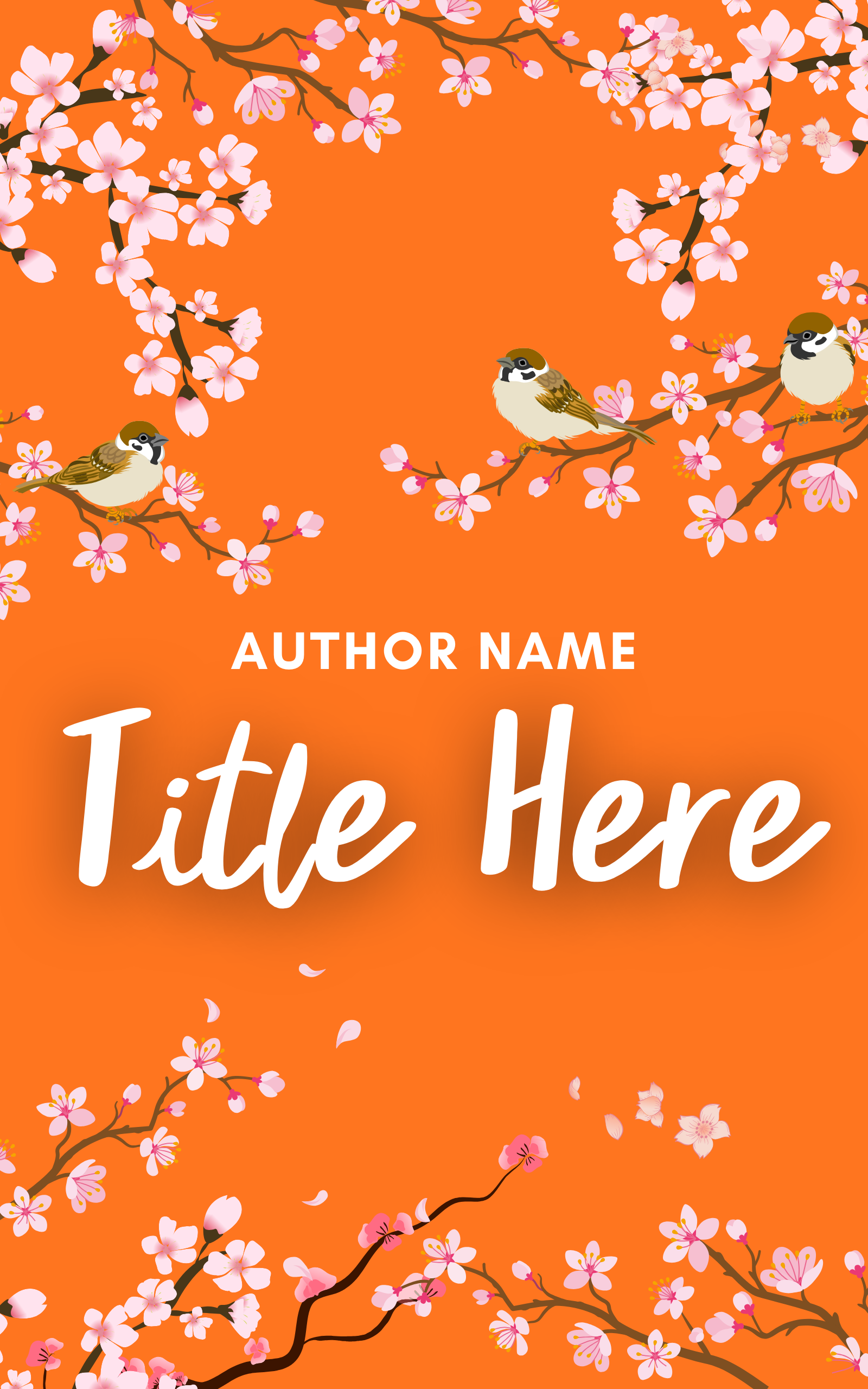 Decorative book cover featuring pink cherry blossoms and small birds on a bright orange background. Placeholder text for author and title. A book that is part of the stuff your kindle day event.