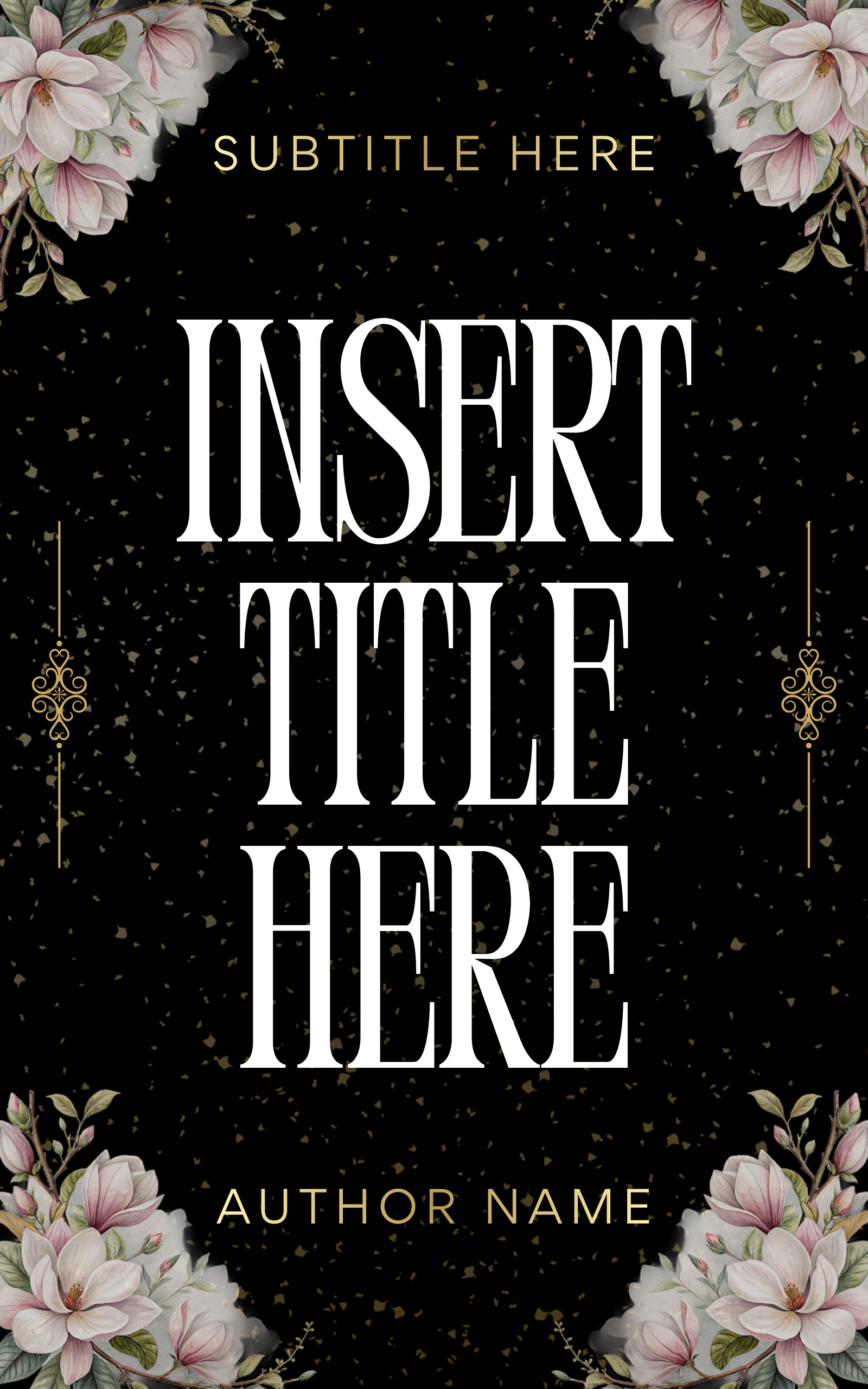 Book cover template with a black background decorated with floral designs in the corners and gold accents, featuring placeholder text for the title, subtitle, and author name. A book that is part of the stuff your kindle day event.