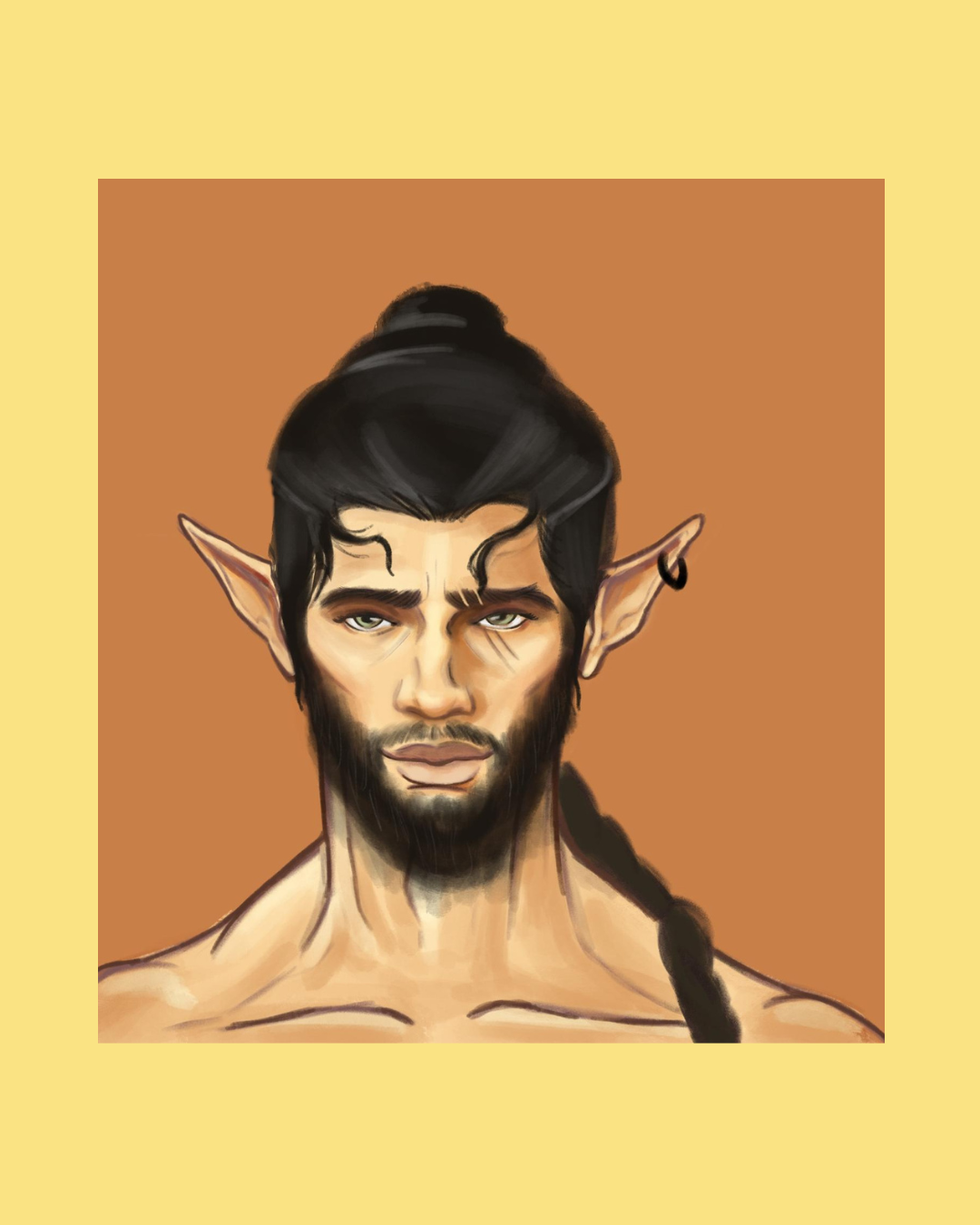 Digital painting of a male fantasy elf with pointed ears, long dark hair tied back, beard, and piercing hazel eyes, against an orange background. designed by art by artorias