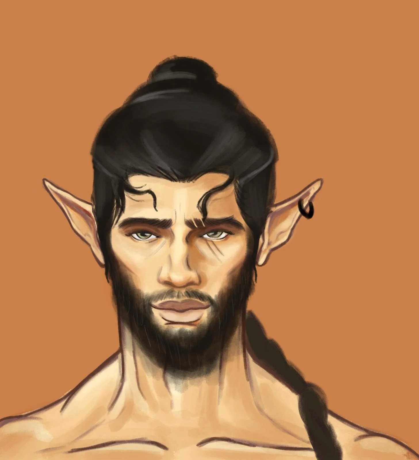 Digital illustration of a fantasy elf with pointed ears, dark hair tied in a bun, and a beard, against a plain brown background. It is digital artwork by Art_By_Artorias for an indie author book.