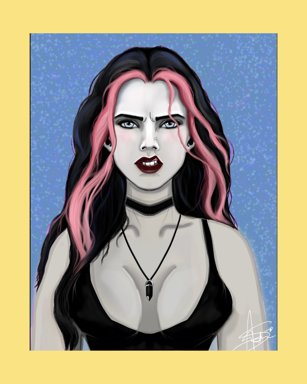 Digital illustration of a woman with long black and pink wavy hair, dark makeup, wearing a black top with a low neckline, choker, and necklace with a black pendant, against a speckled blue background. designed by art by artorias
