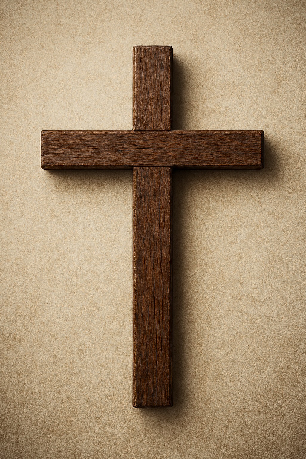 Wooden cross mounted on a plain, beige wall.