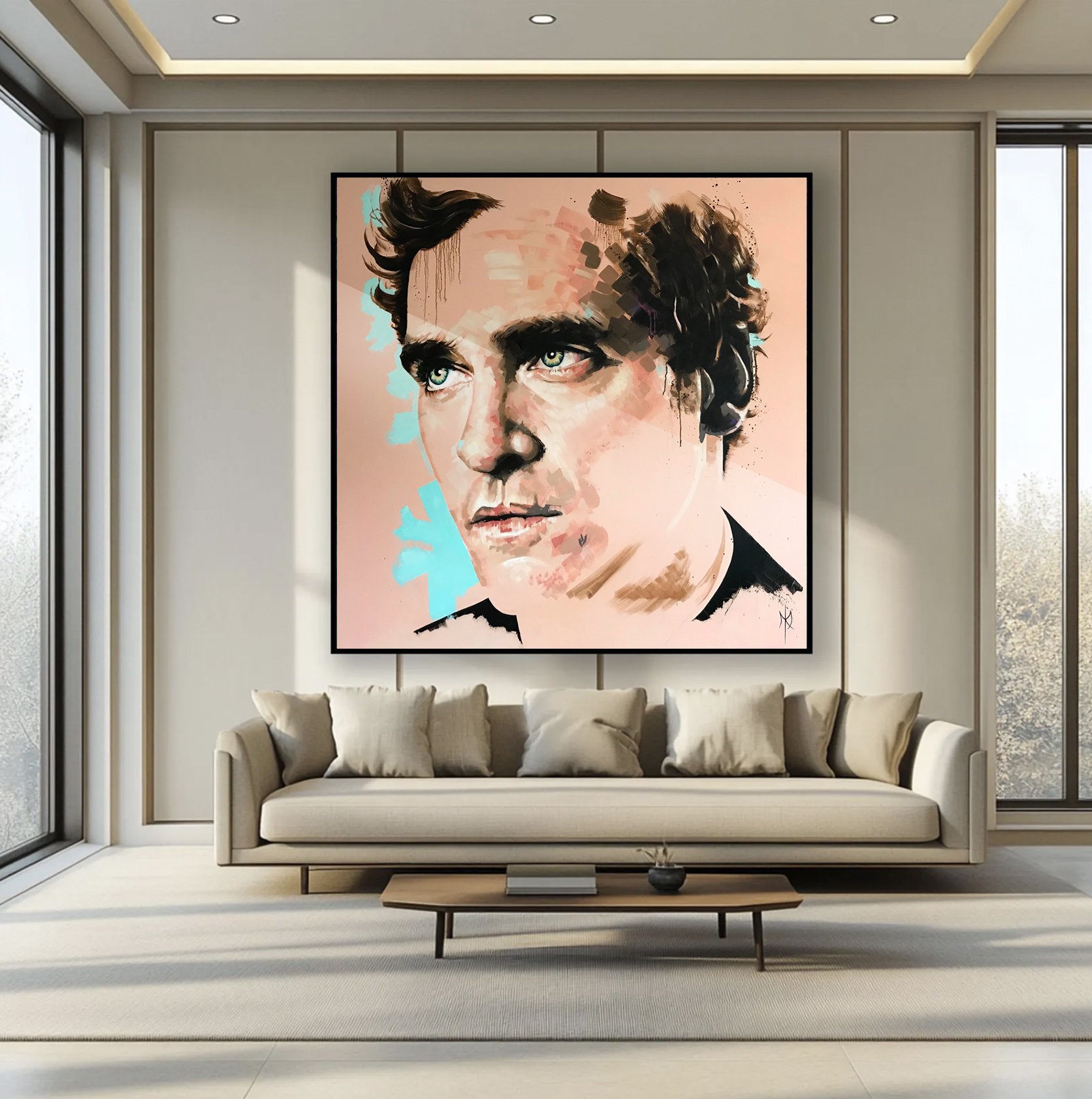 Joaquin Phoenix portrait print by Michelle Kohler shown in a living room (room mockup)