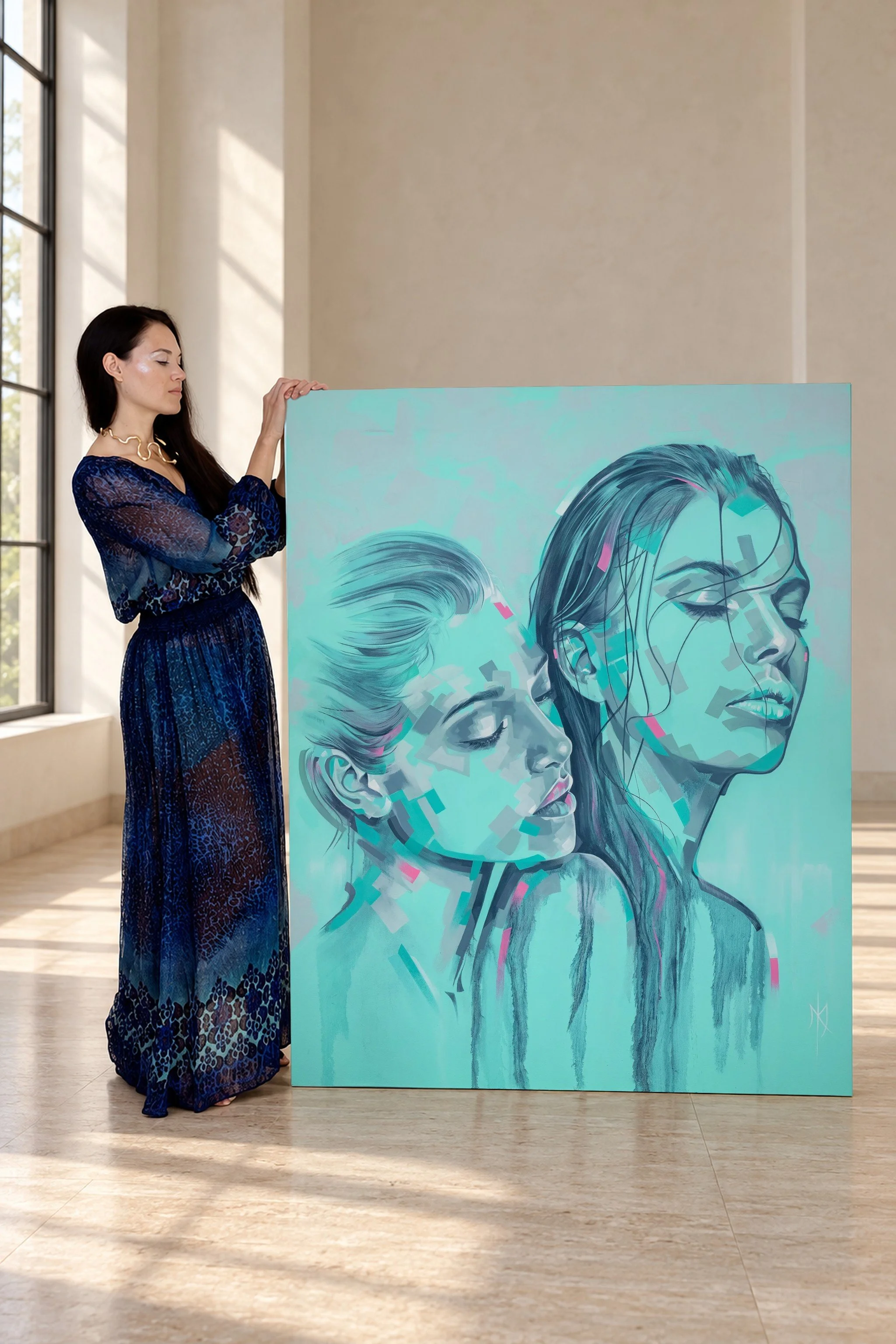 Artist Michelle Kohler with her original painting Aqua Reverie in a gallery