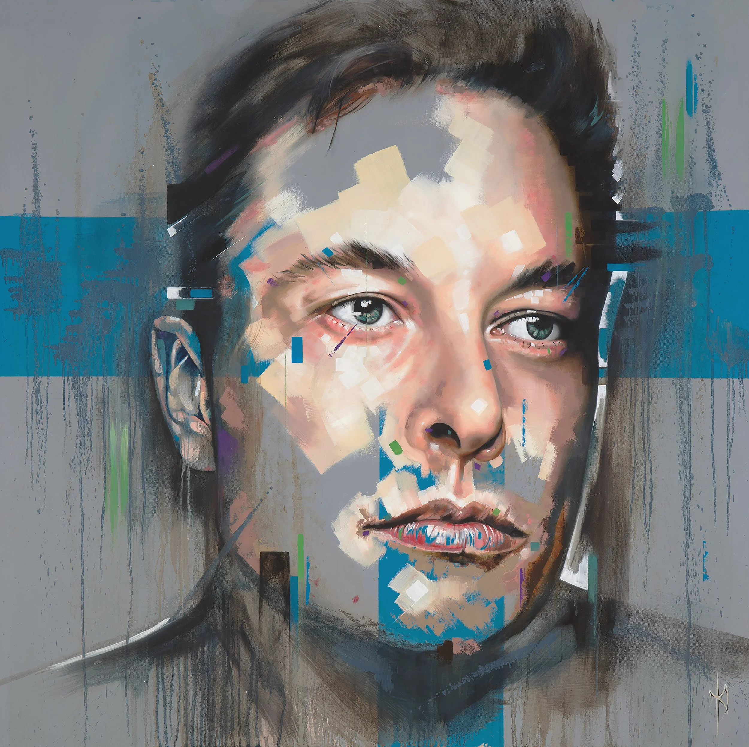 Elon Musk portrait by Michelle Kohler in gray tones with a blue accent