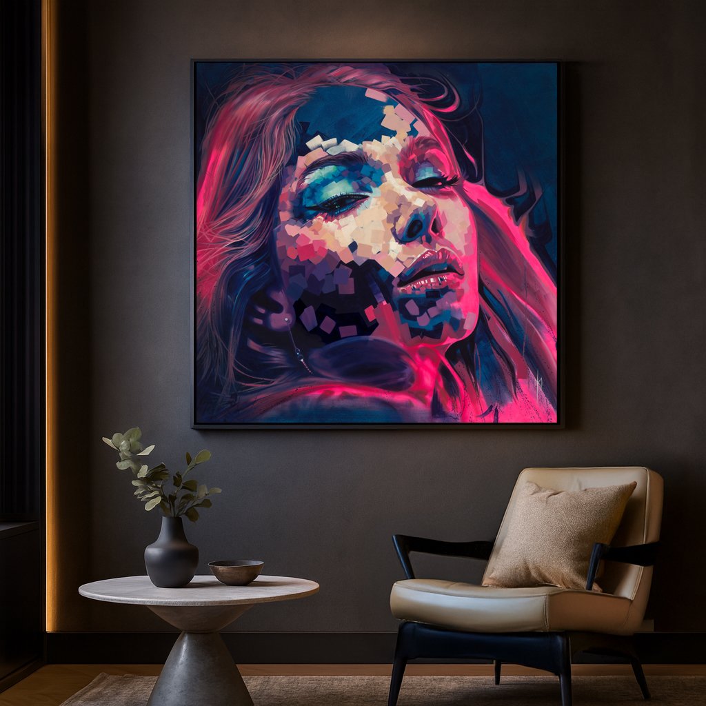 Neon Dreams print by Michelle Kohler shown in a dark room with an armchair (room mockup)