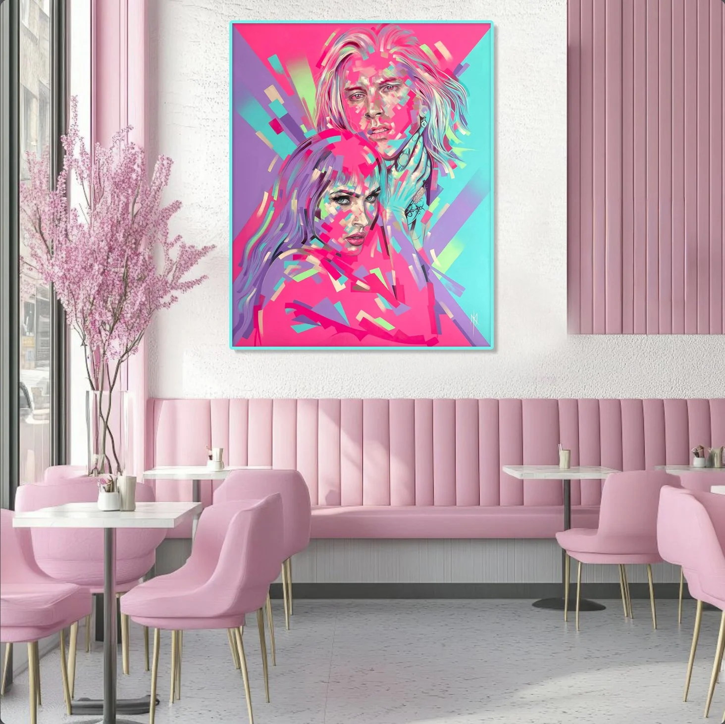 Fractured Icons print by Michelle Kohler shown in a pink cafe (room mockup)
