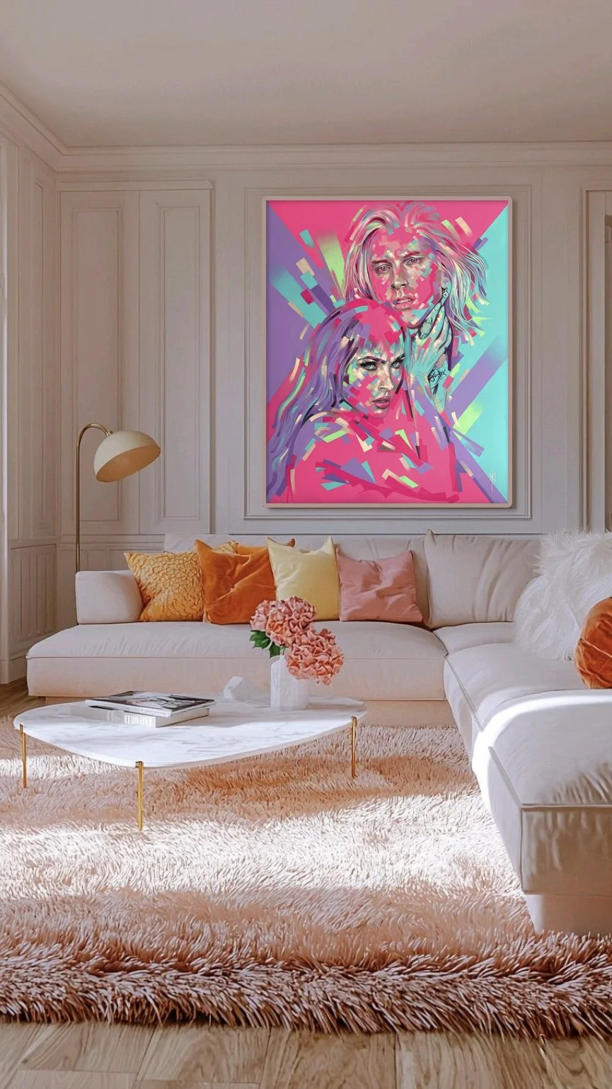 Fractured Icons print by Michelle Kohler shown in a living room (room mockup)