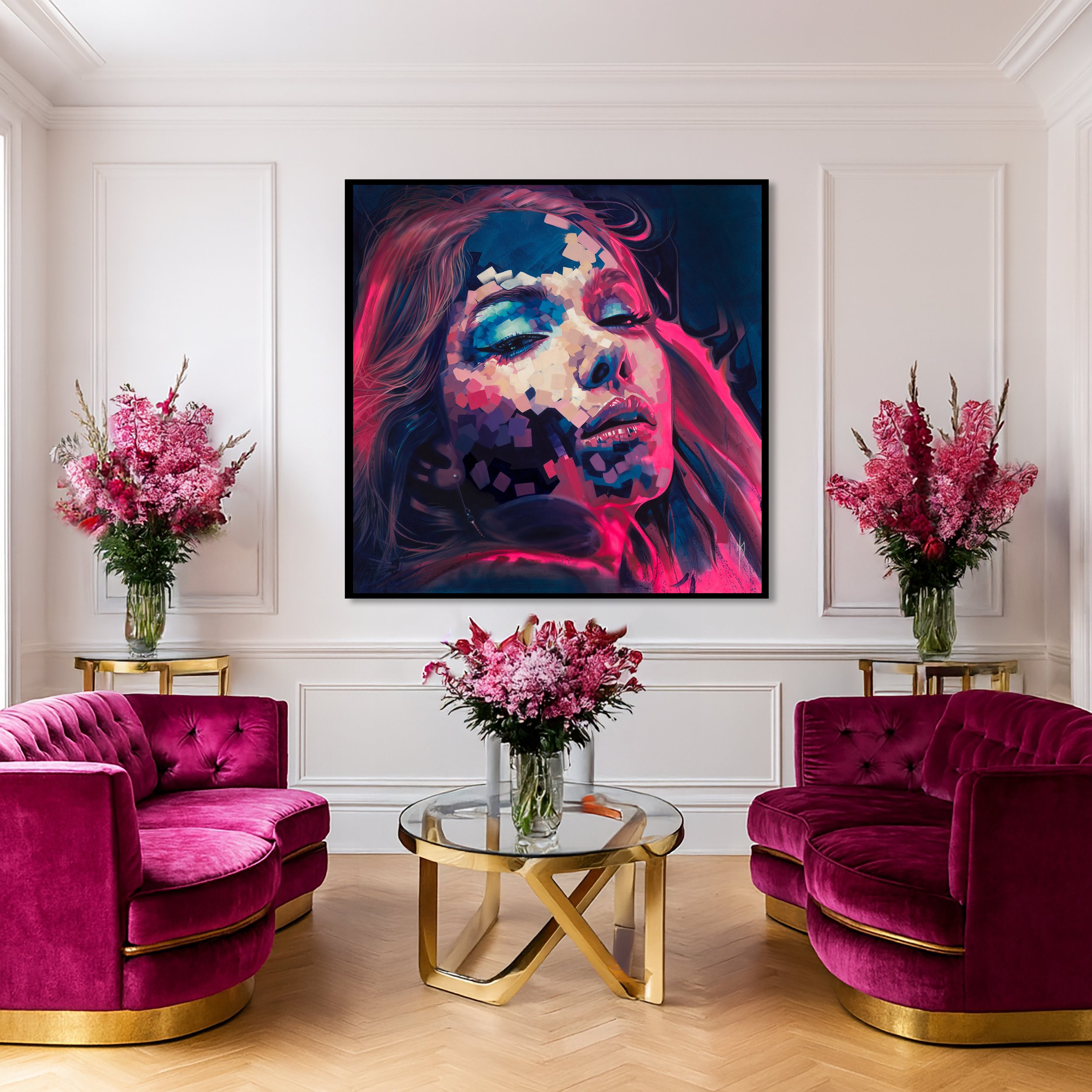 Neon Dreams print by Michelle Kohler shown in a white room with pink armchairs (room mockup)
