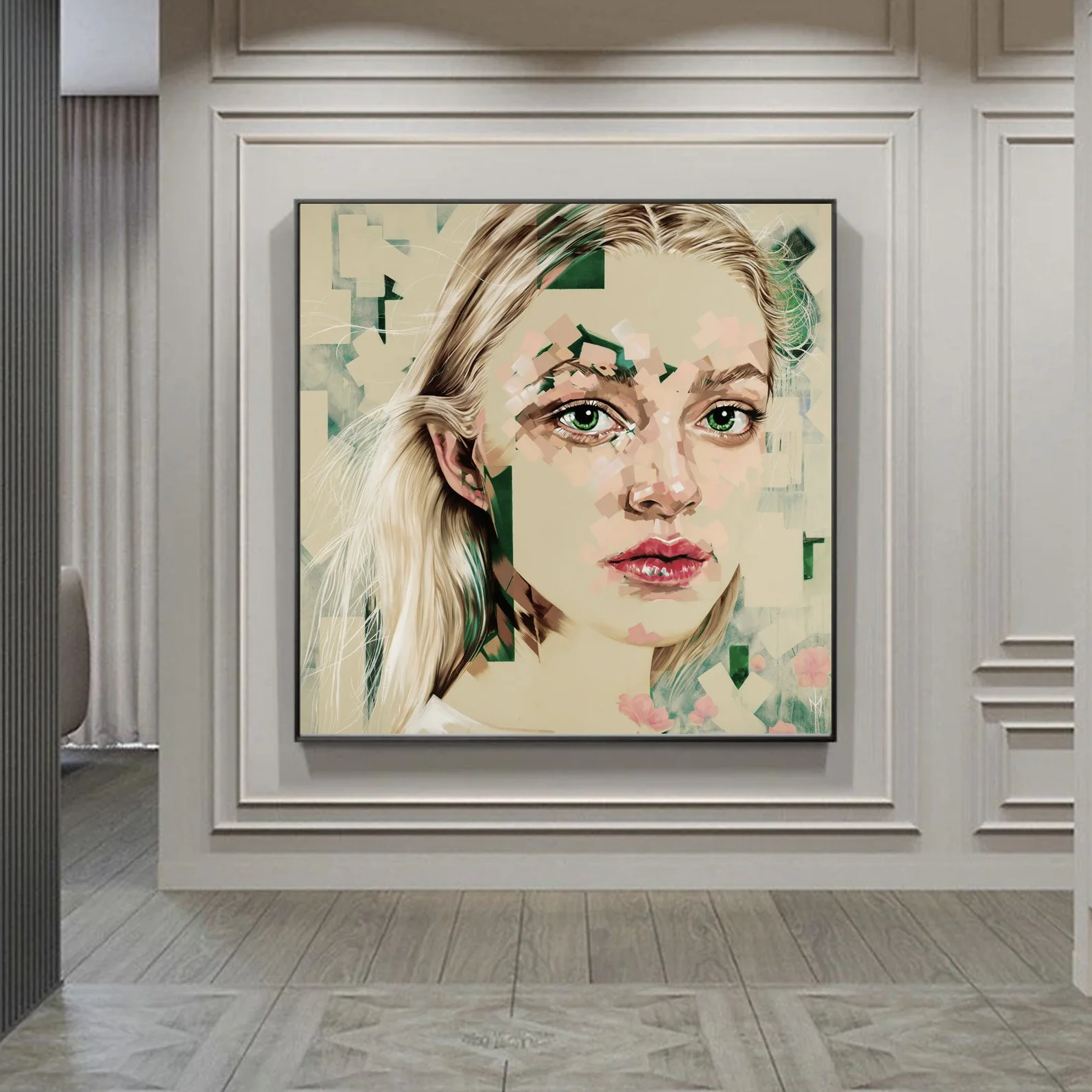 L'Innocent print by Michelle Kohler shown in a gray paneled room (room mockup)