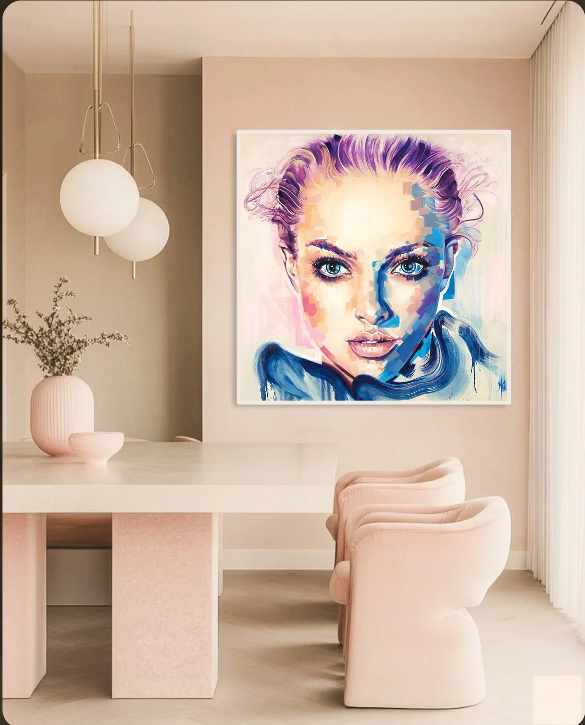 Amanda print by Michelle Kohler shown in a pink dining room (room mockup)