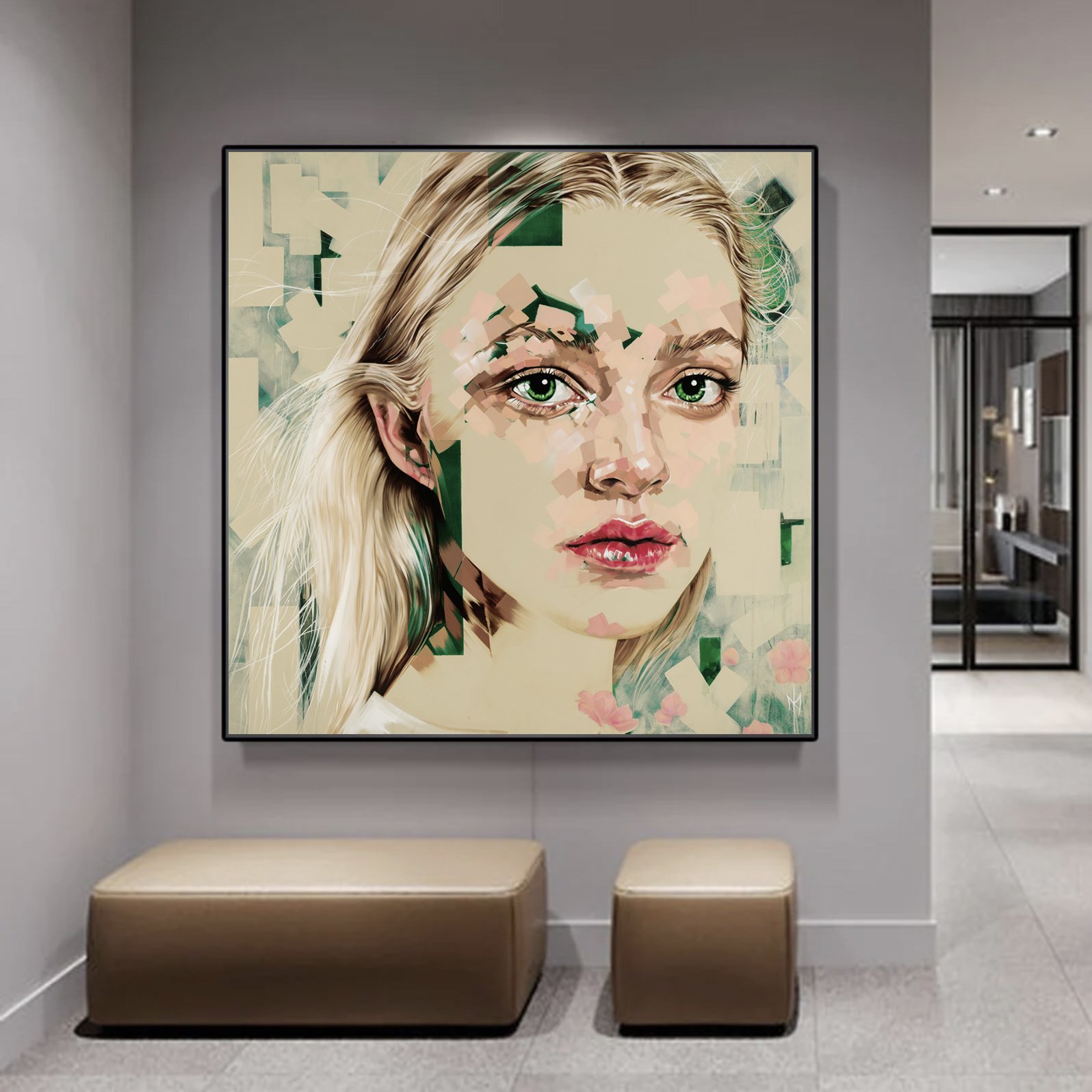 L'Innocent print by Michelle Kohler shown in a gray room with a bench (room mockup)