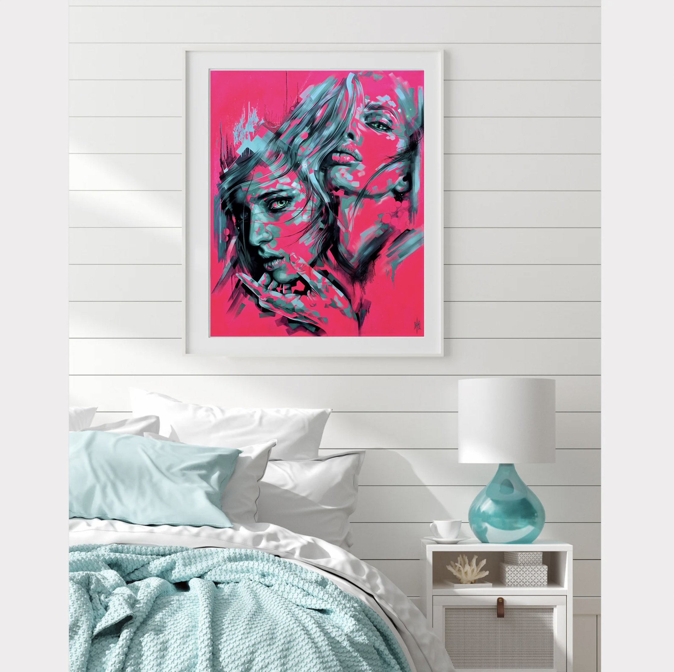 Sugarcoat print by Michelle Kohler shown in a white bedroom (room mockup)
