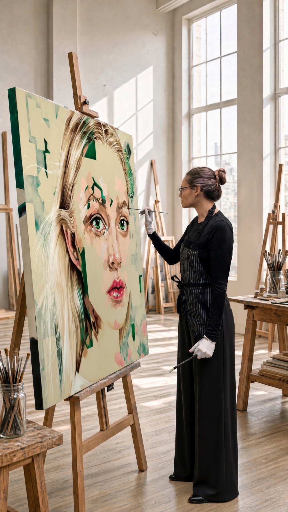 Artist Michelle Kohler painting her portrait L'Innocent in her studio