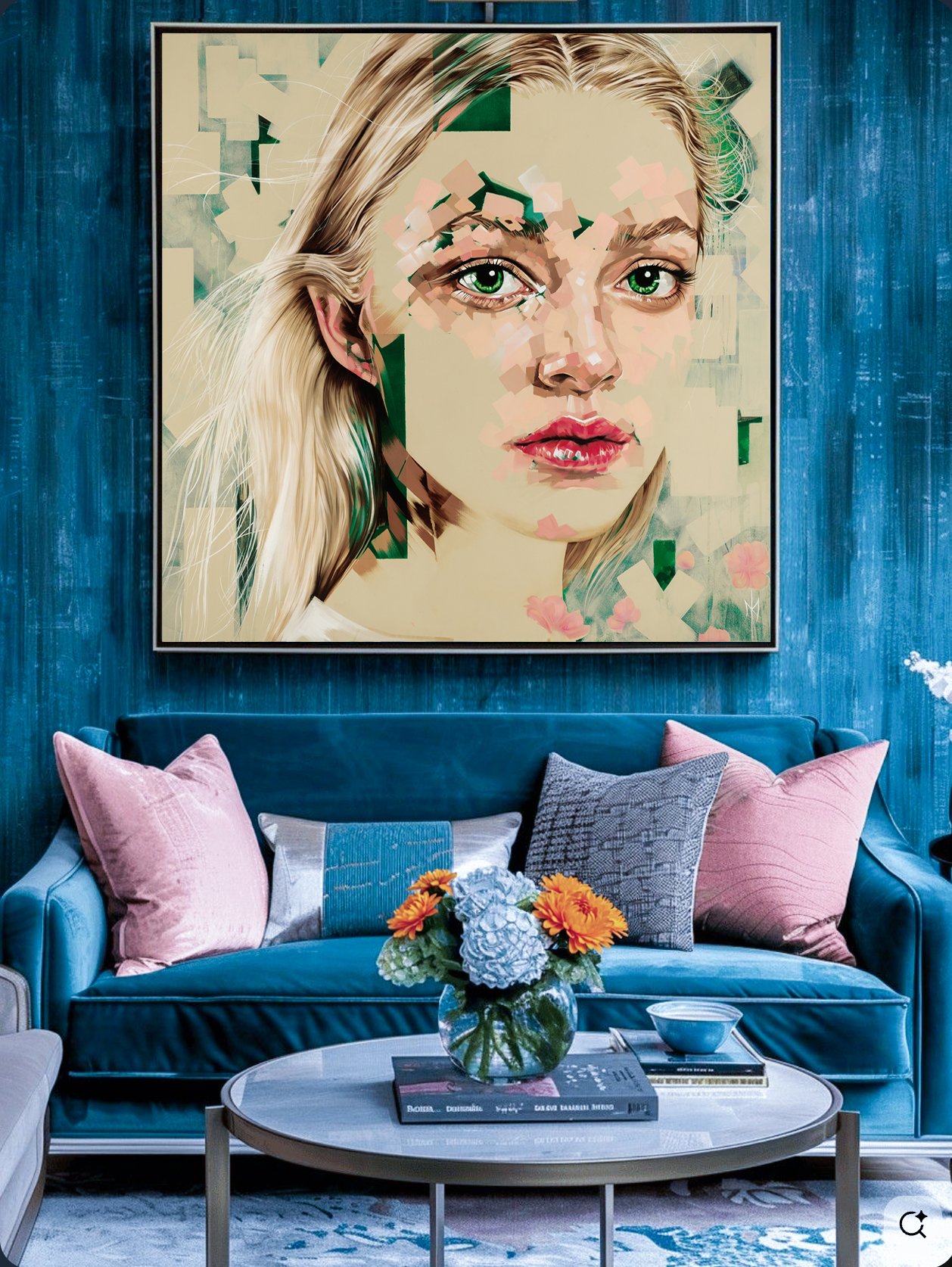 L'Innocent print by Michelle Kohler shown in a blue living room (room mockup)