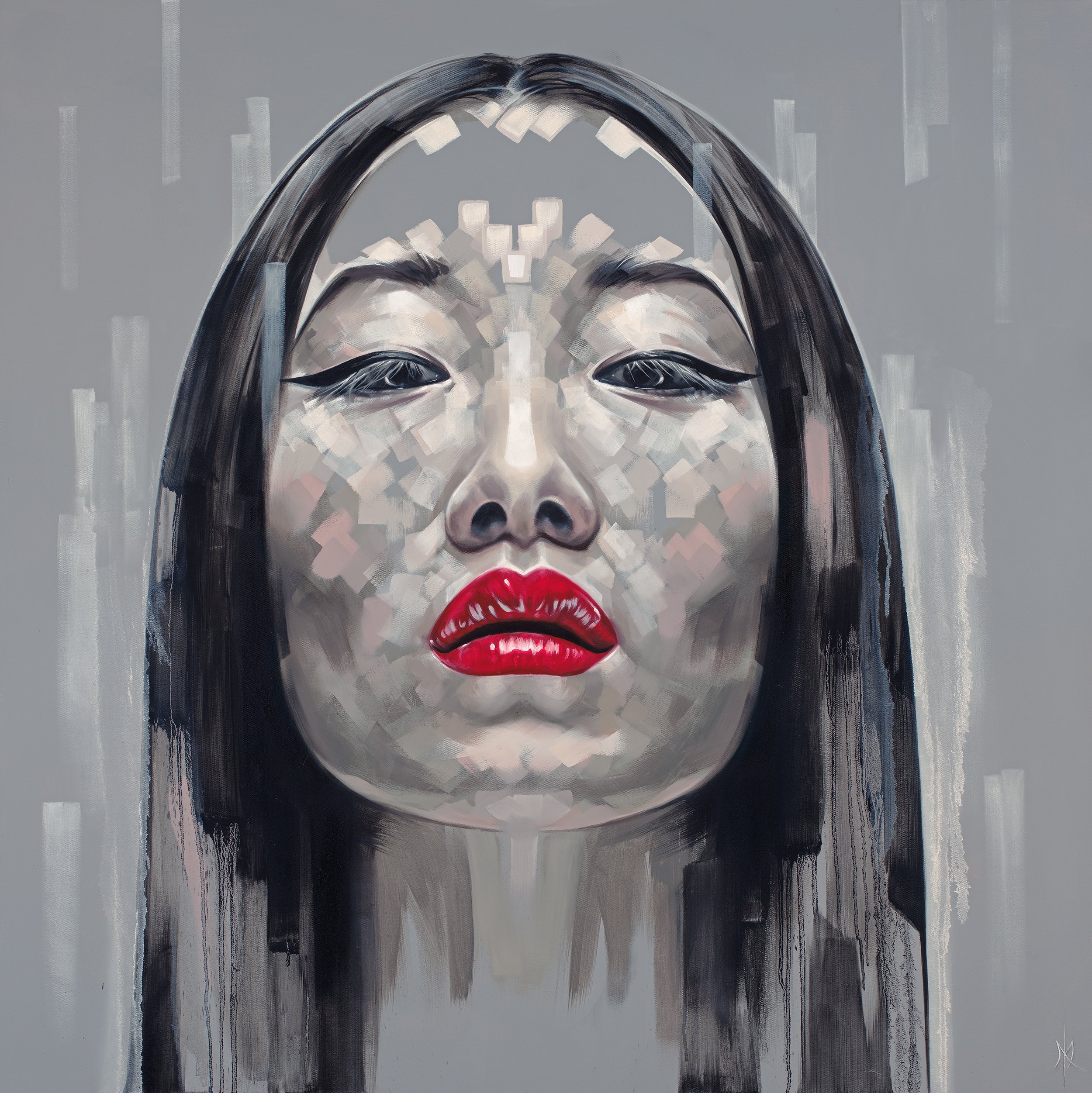 Yiqing Yin by Michelle Kohler, portrait of a woman with red lips in gray and silver tones