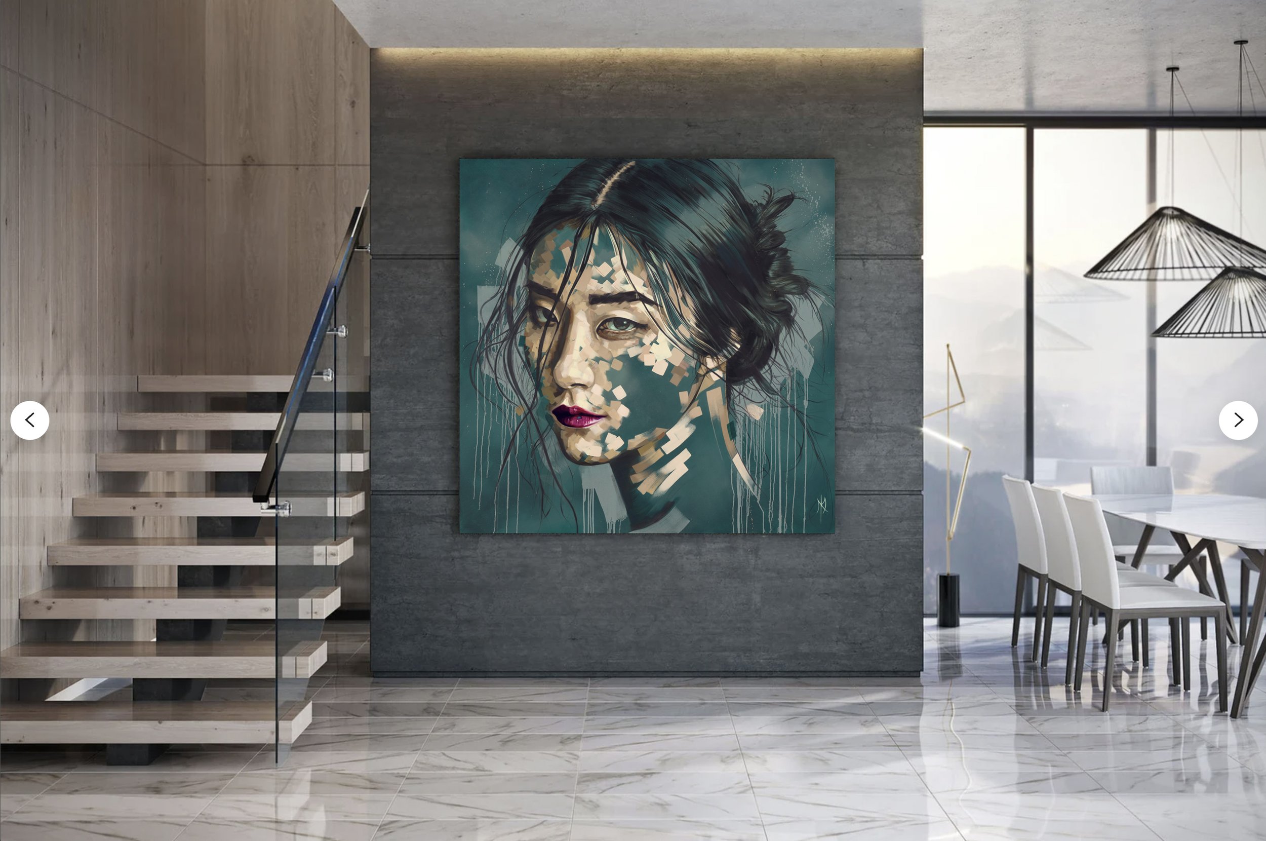 Enduring print by Michelle Kohler shown in a modern entry with a staircase (room mockup)