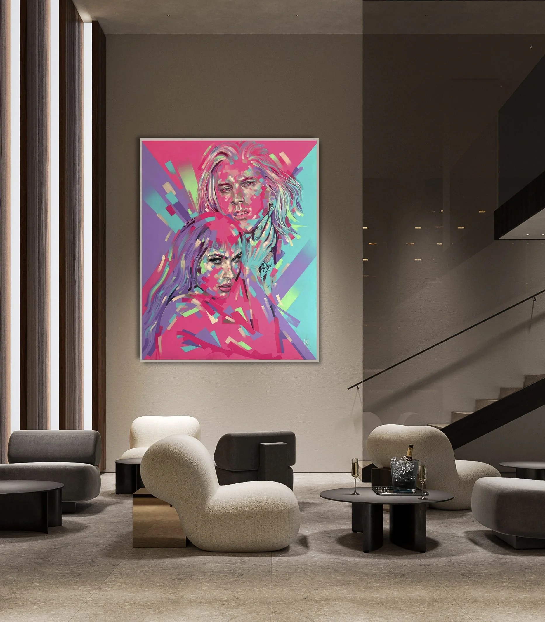 Fractured Icons print by Michelle Kohler shown in a modern lounge (room mockup)