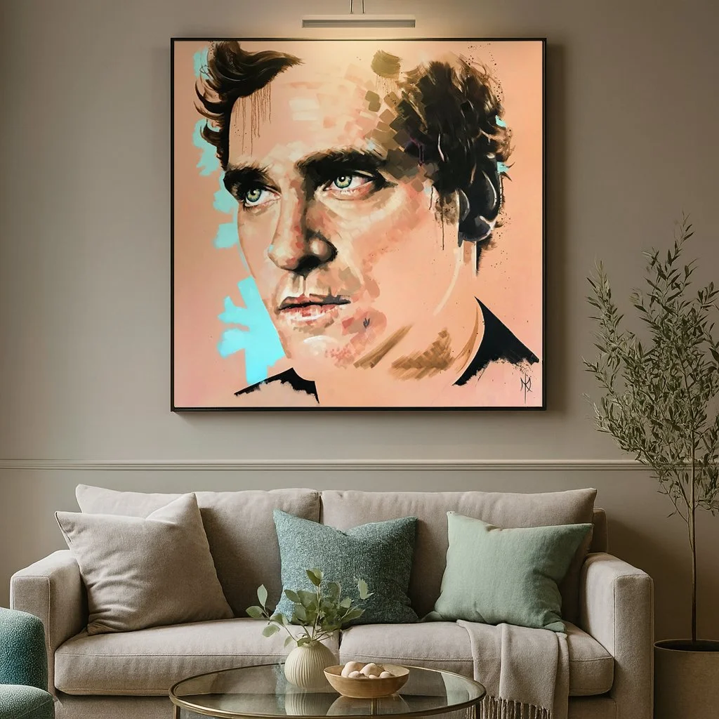 Joaquin Phoenix portrait print by Michelle Kohler shown in a living room (room mockup)