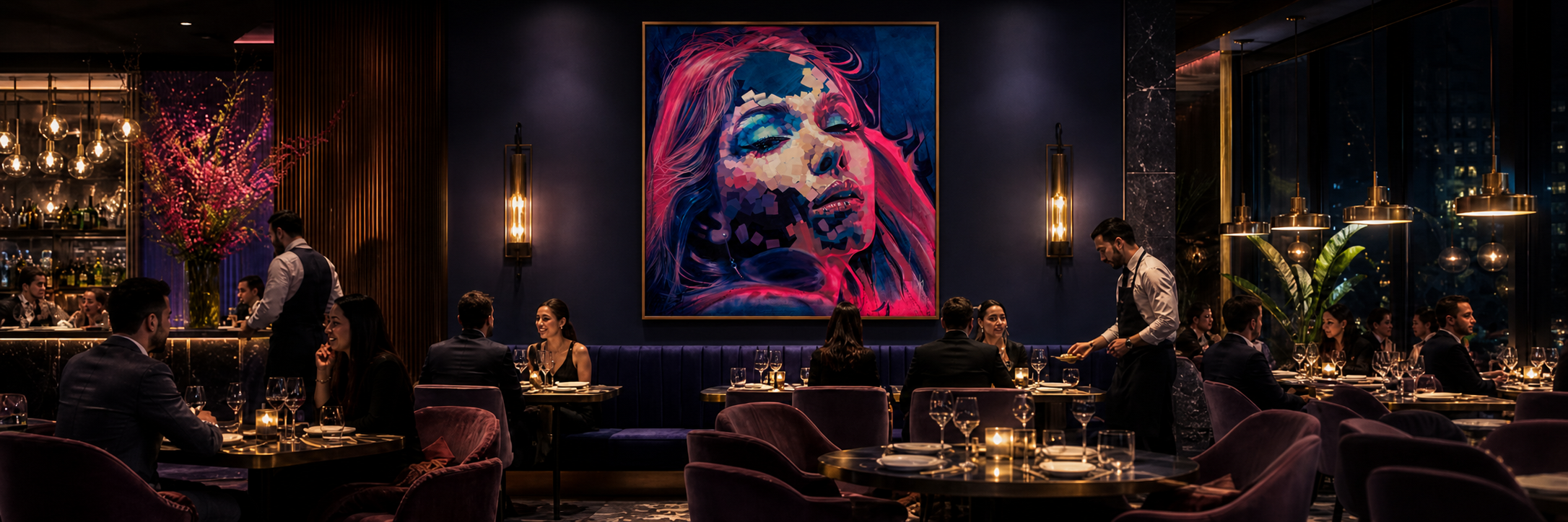Neon Dreams print by Michelle Kohler shown in a restaurant (room mockup)
