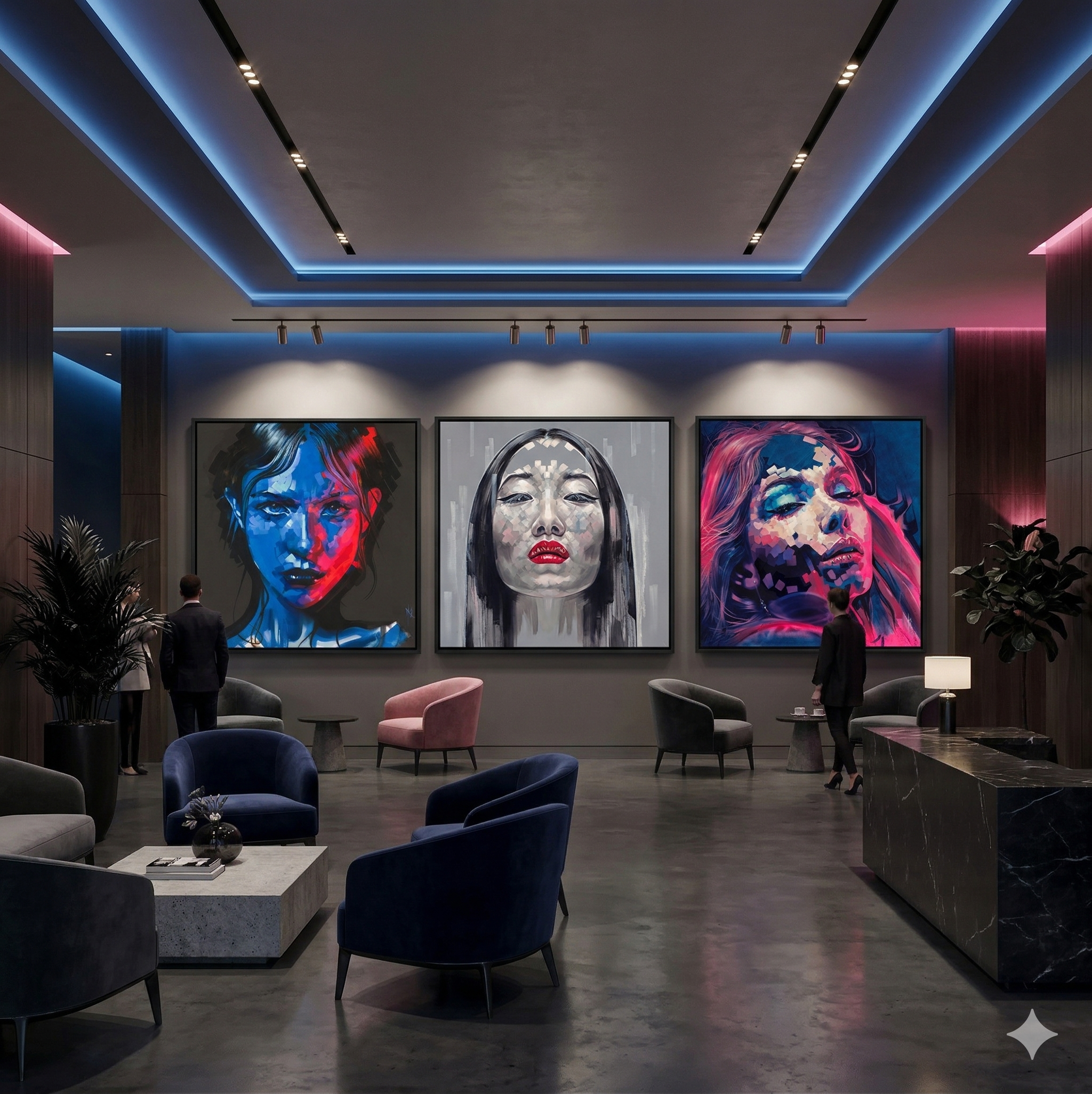 Yiqing Yin print by Michelle Kohler shown in a lounge with other works by the artist (room mockup)