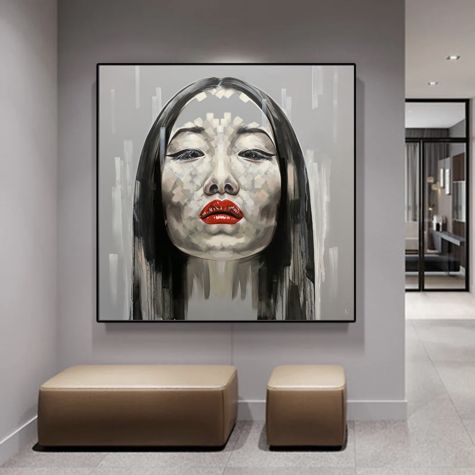 Yiqing Yin print by Michelle Kohler shown in a gray room with a bench (room mockup)