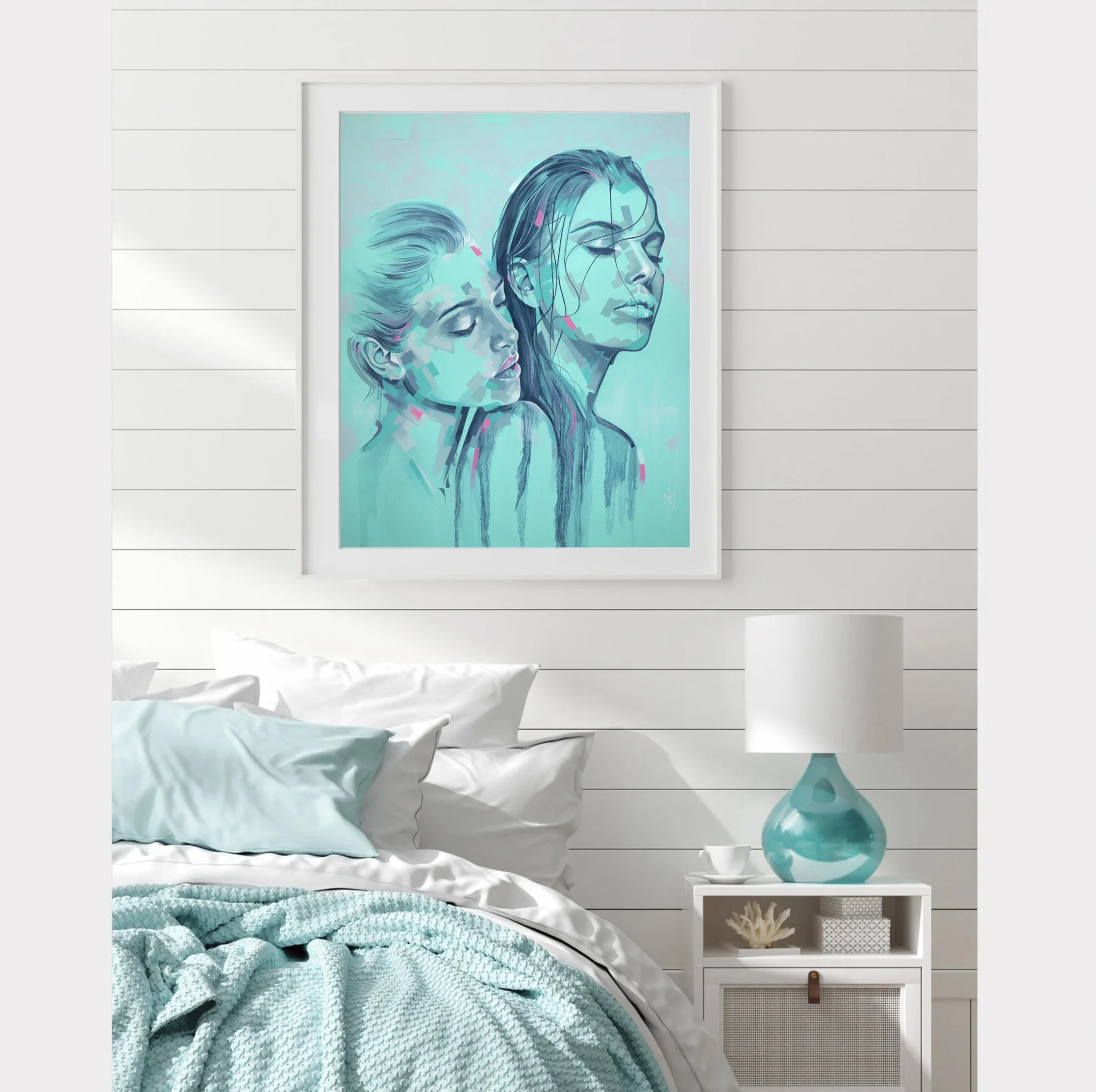 Aqua Reverie print by Michelle Kohler shown in a white bedroom (room mockup)