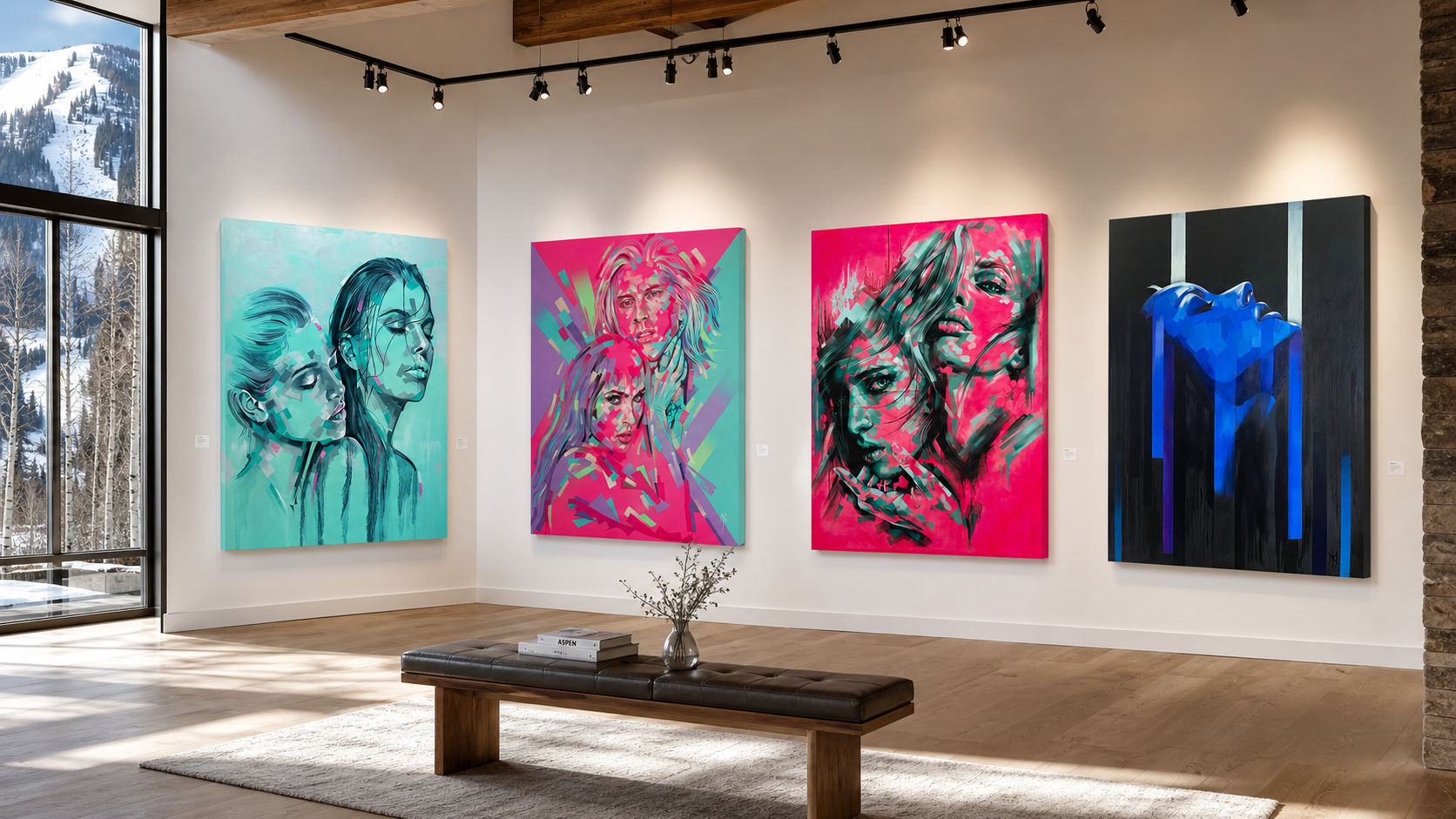Fractured Icons print by Michelle Kohler shown in a gallery with other works by the artist (room mockup)