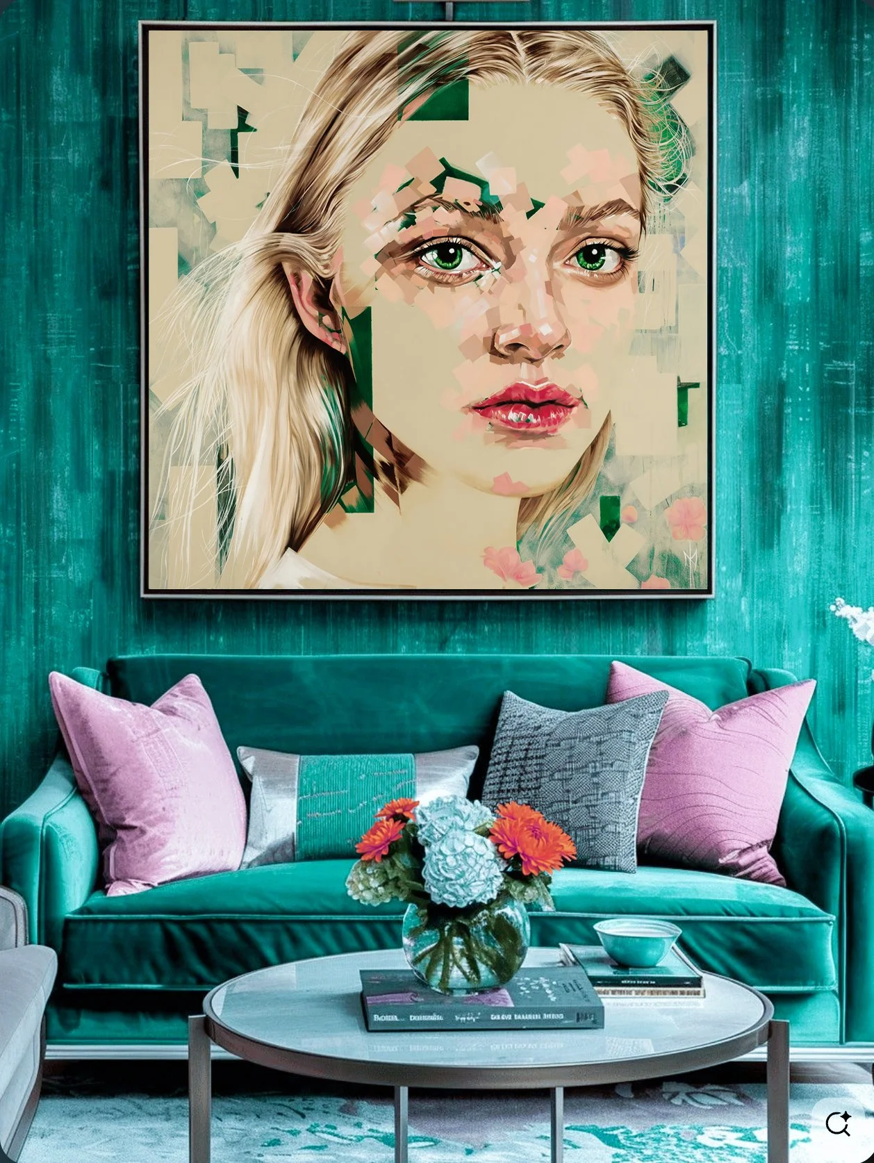 L'Innocent print by Michelle Kohler shown in a teal living room (room mockup)