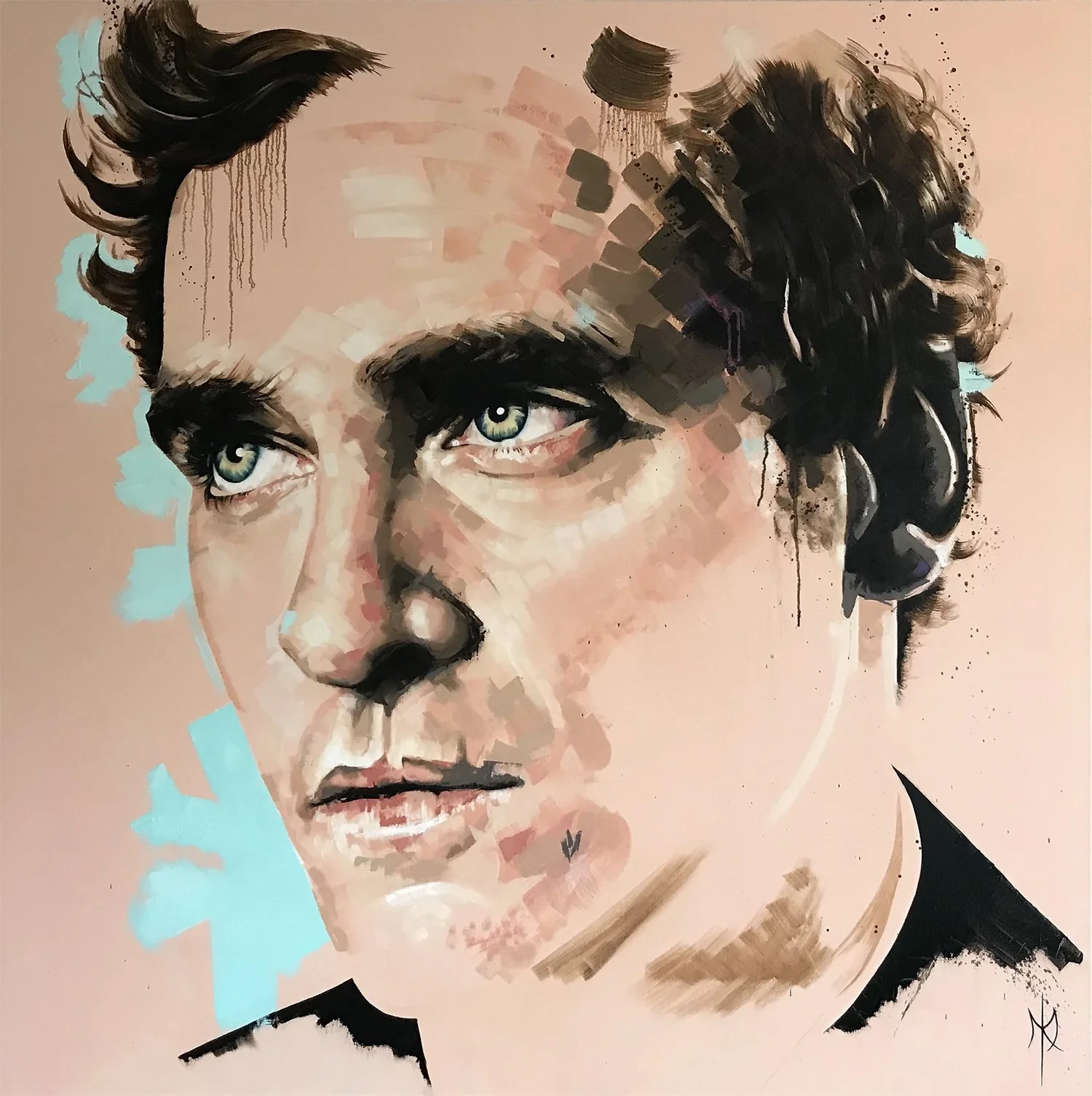 Joaquin Phoenix portrait by Michelle Kohler in peach, black and turquoise