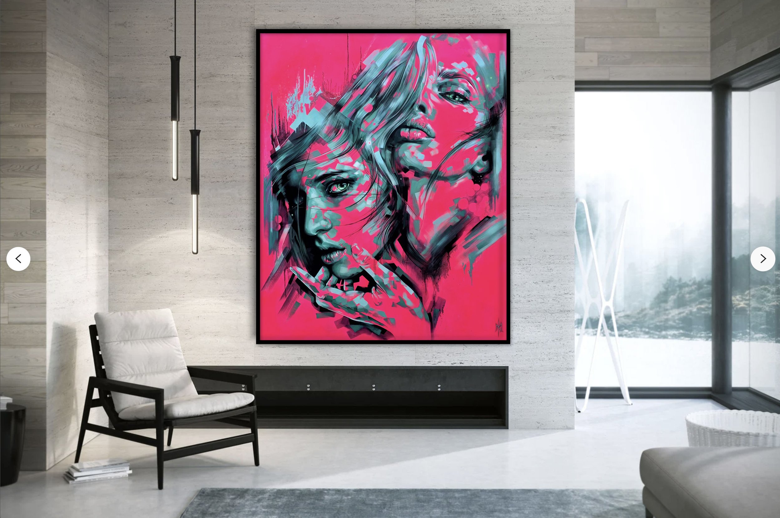 Sugarcoat print by Michelle Kohler shown in a living room with a snowy view (room mockup)
