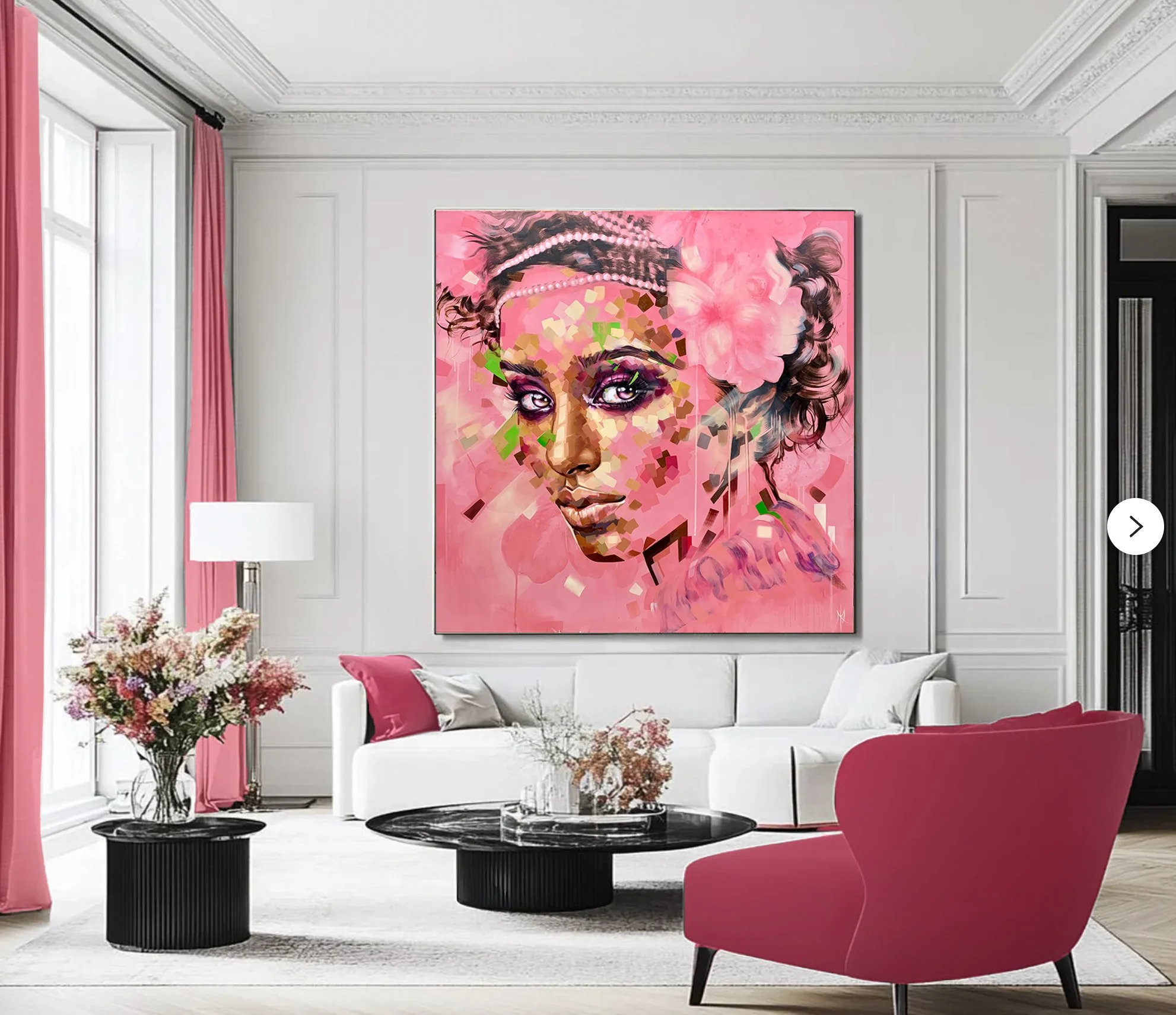 Crowned in Bloom print by Michelle Kohler shown in a white living room (room mockup)