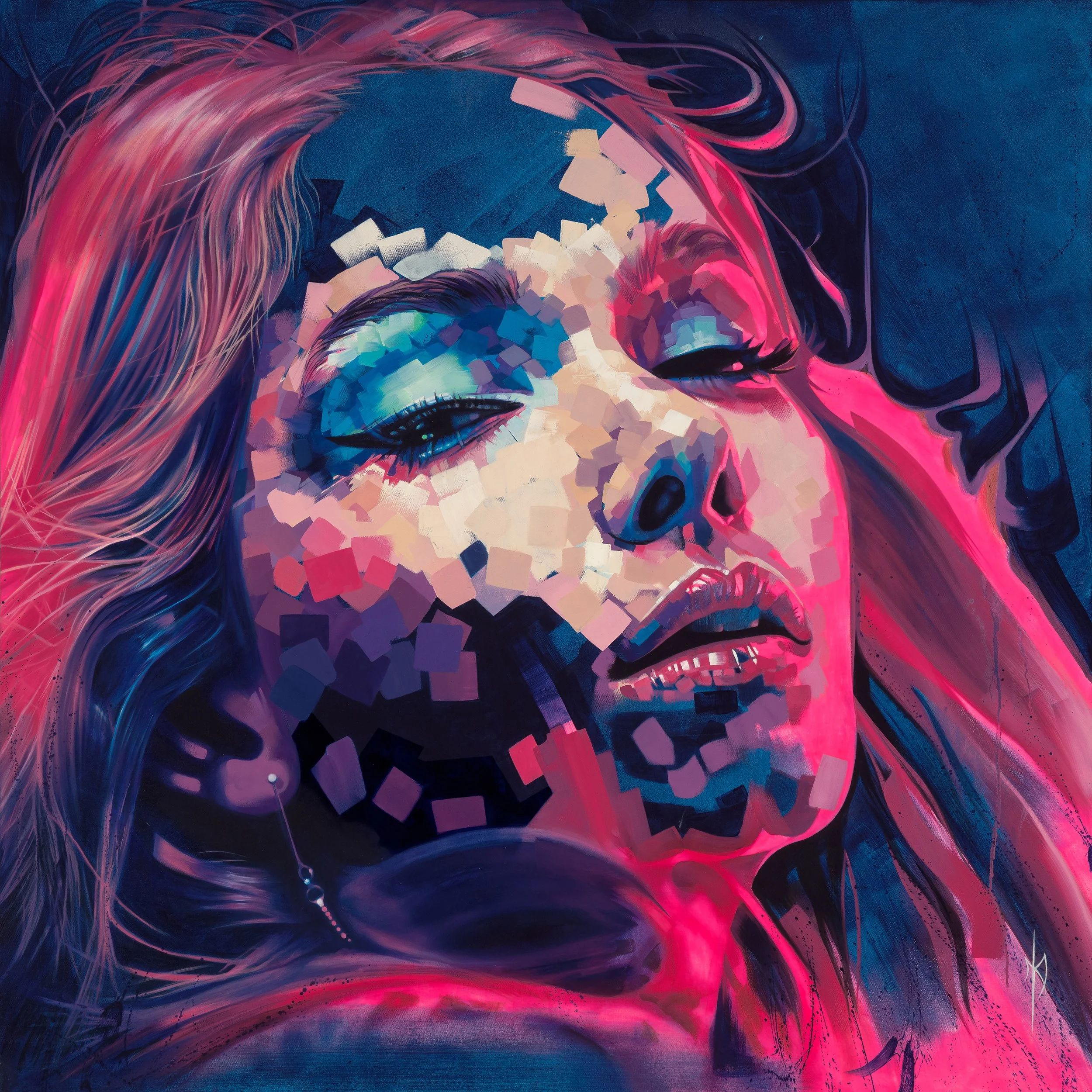 Neon Dreams by Michelle Kohler, portrait of a woman in pink and blue with pixelated fragments