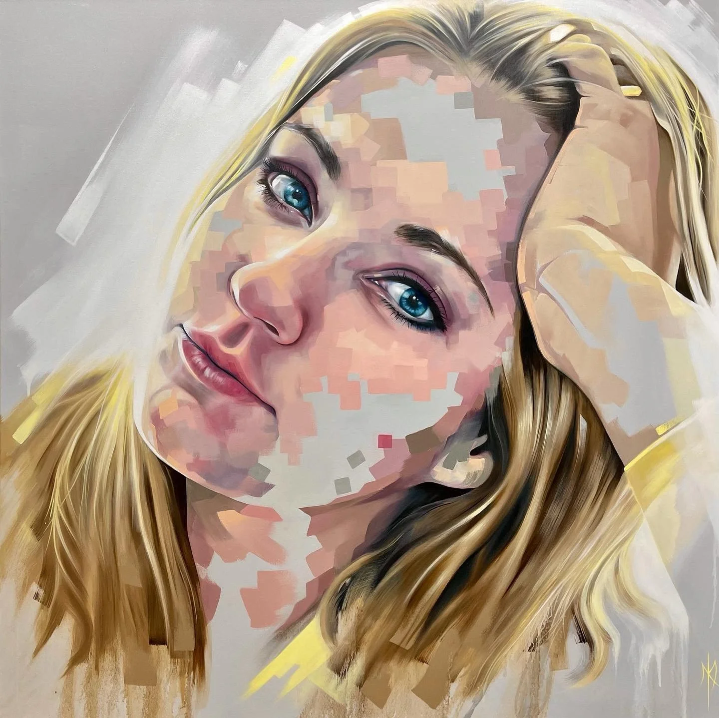 Private portrait commission by Michelle Kohler, a blonde woman resting her head on her hand