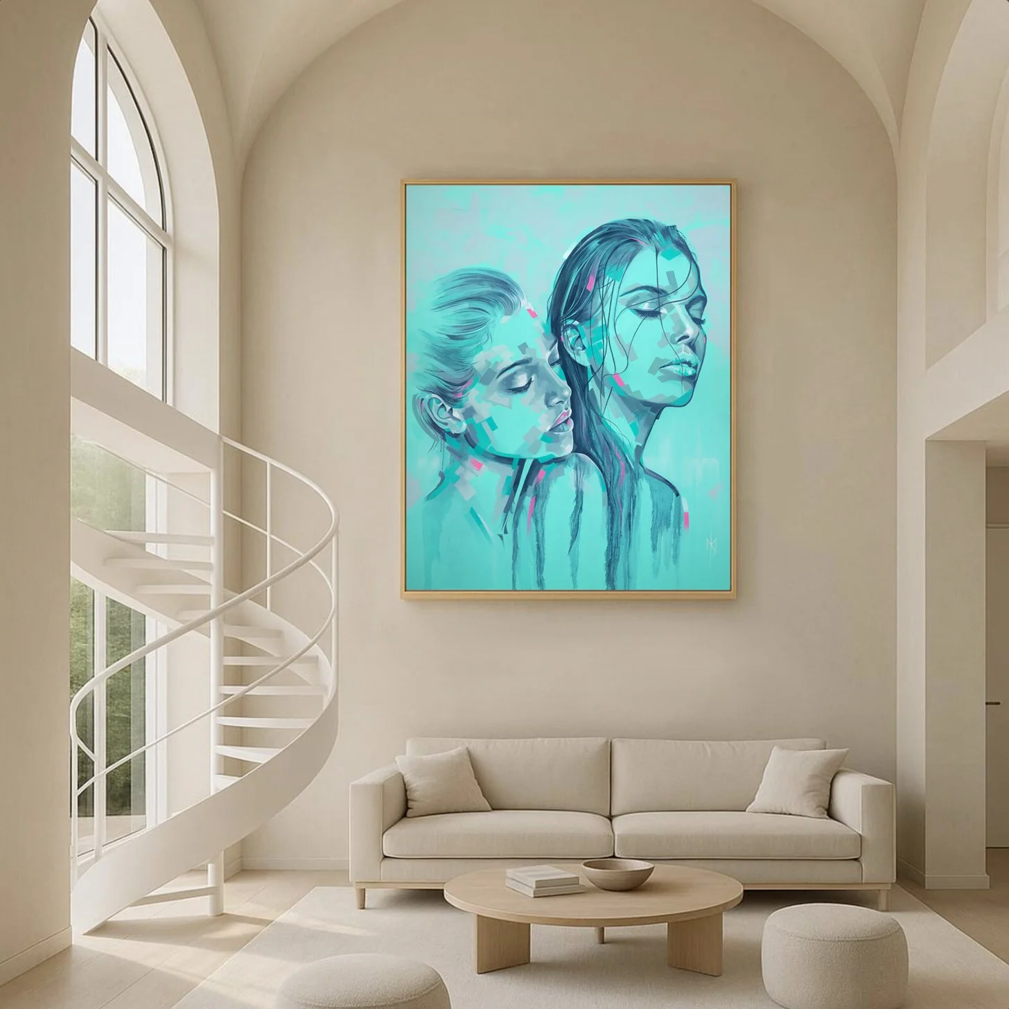 Aqua Reverie print by Michelle Kohler shown in an arched room with a spiral staircase (room mockup)