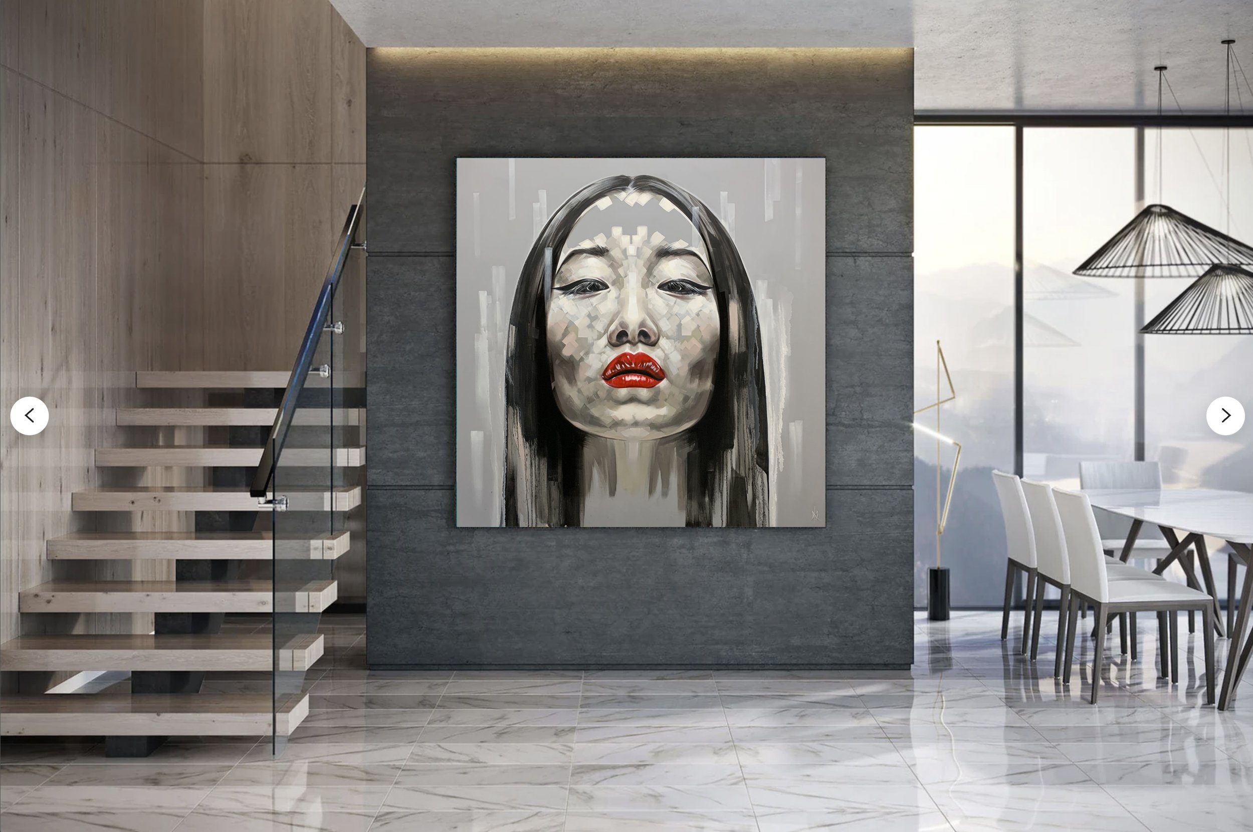 Yiqing Yin print by Michelle Kohler shown in a modern entry with a staircase (room mockup)