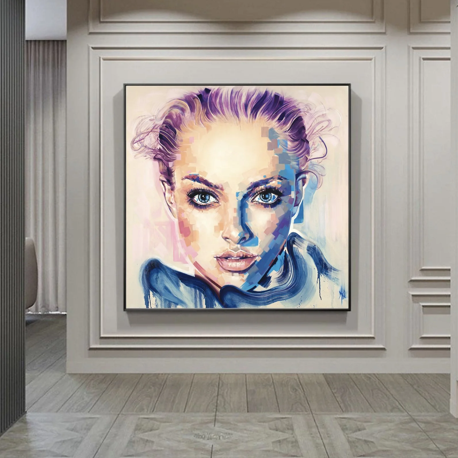 Amanda print by Michelle Kohler shown in a gray paneled room (room mockup)