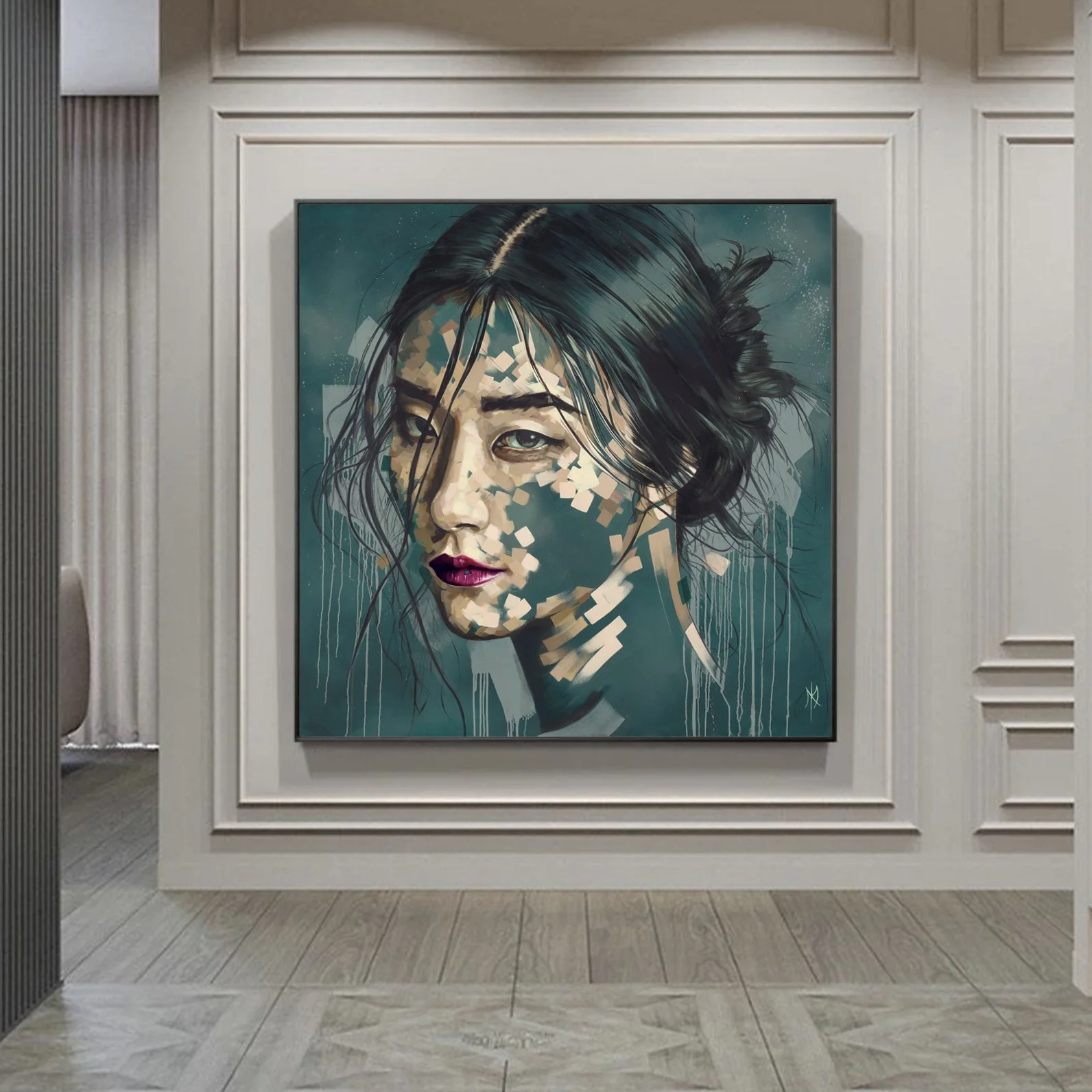 Enduring print by Michelle Kohler shown in a gray paneled room (room mockup)
