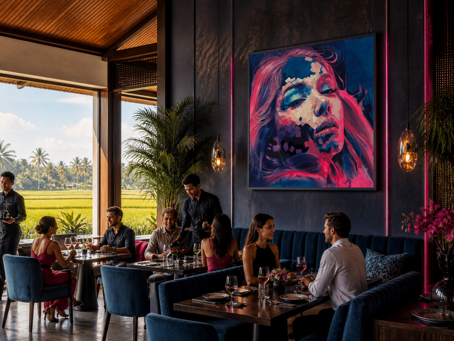 Neon Dreams print by Michelle Kohler shown in a restaurant (room mockup)