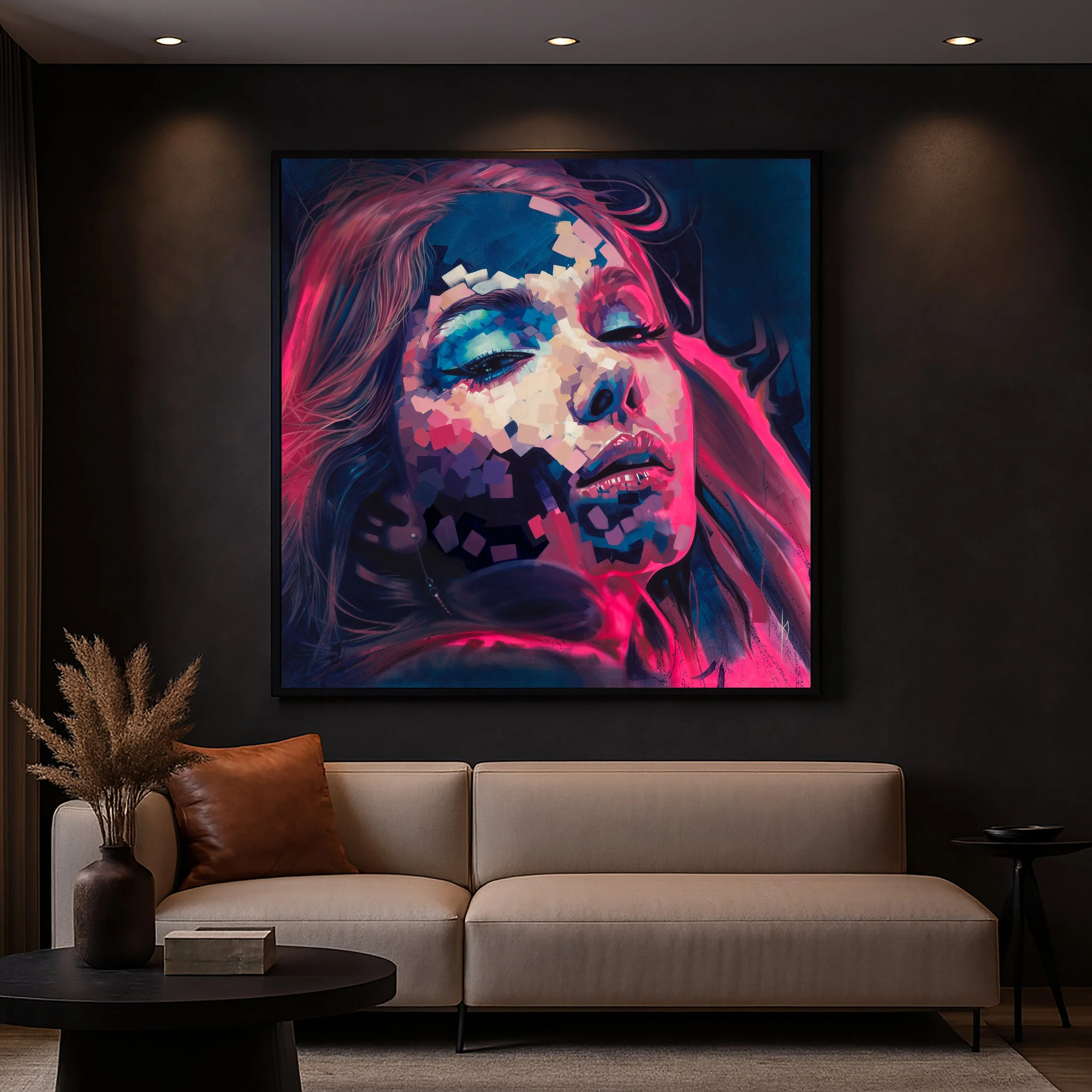 Neon Dreams print by Michelle Kohler shown in a dark living room (room mockup)
