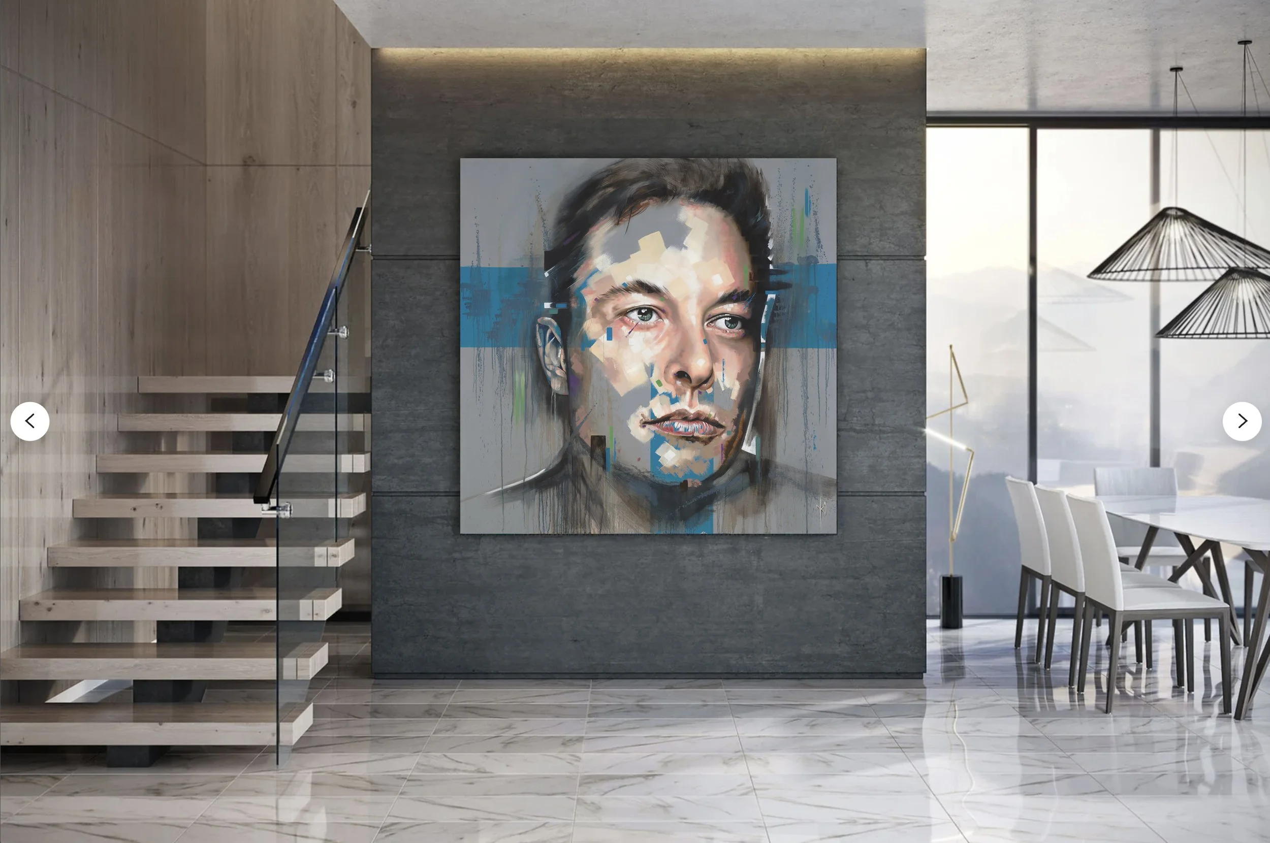 Elon Musk portrait print by Michelle Kohler shown in a modern entry with a staircase (room mockup)
