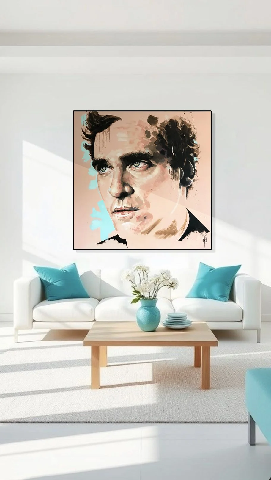 Joaquin Phoenix portrait print by Michelle Kohler shown in a white living room (room mockup)