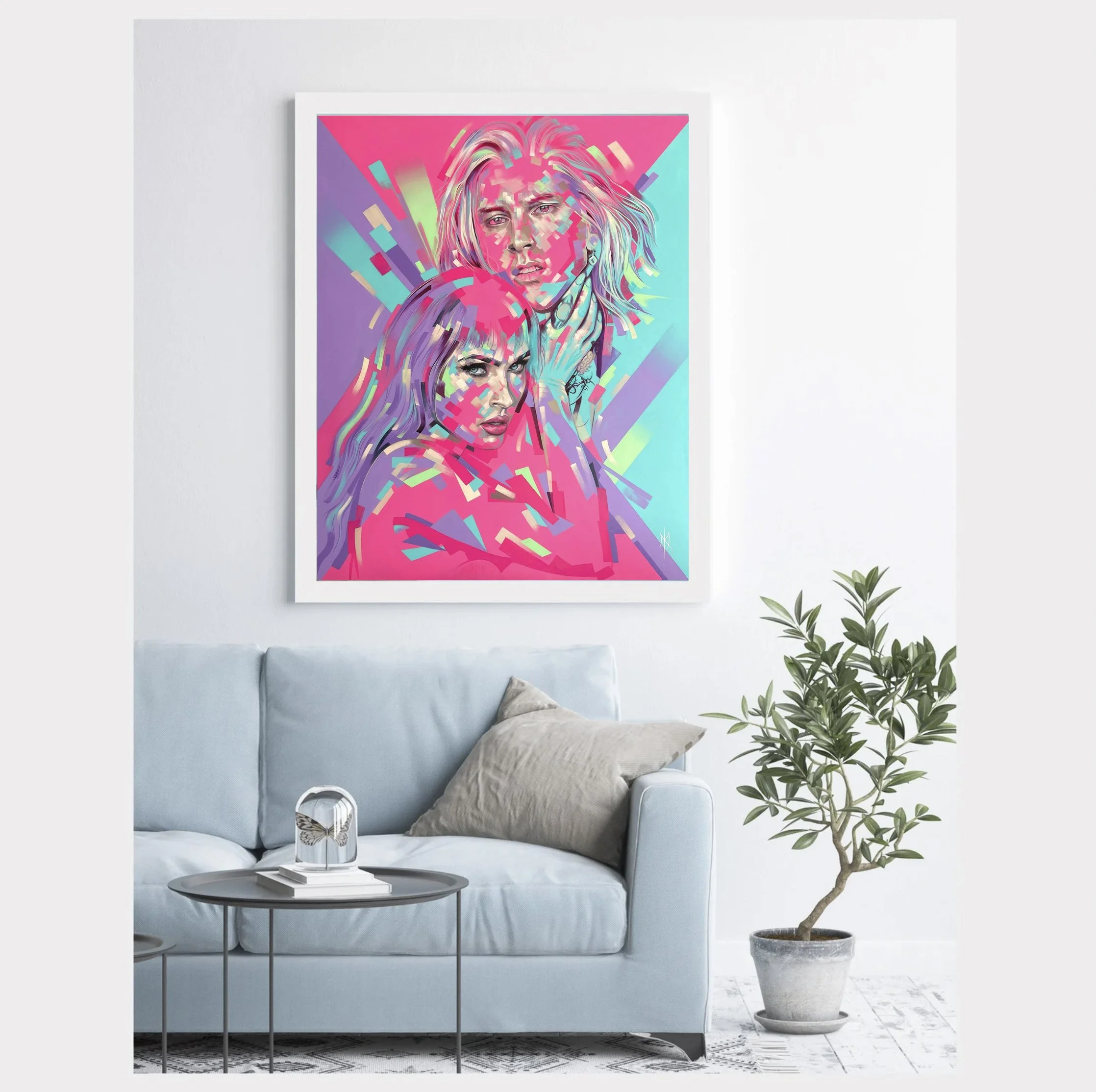 Fractured Icons print by Michelle Kohler shown in a white living room (room mockup)