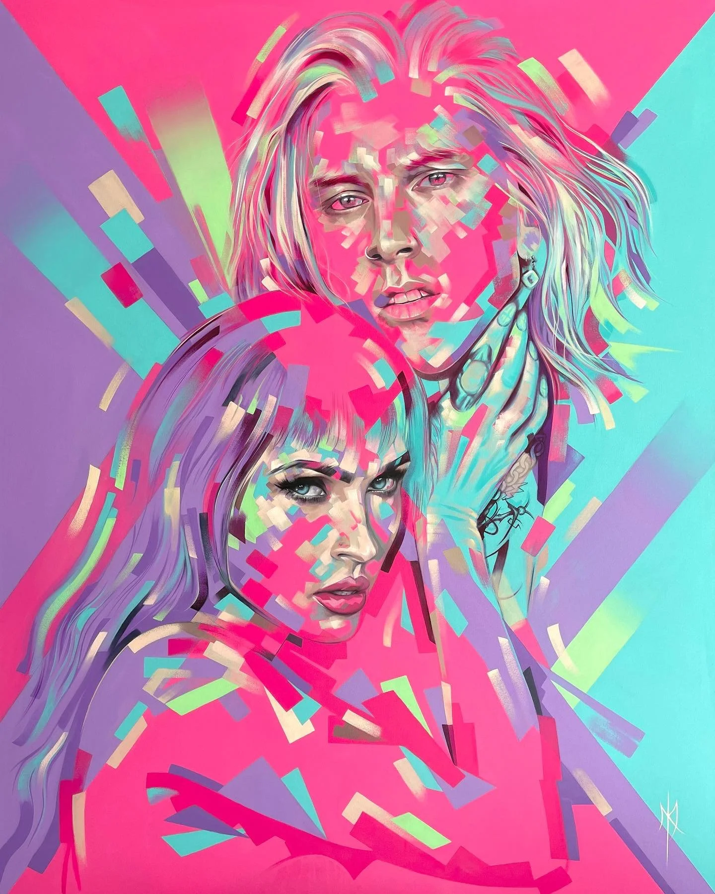 Fractured Icons by Michelle Kohler, two portraits in pink, purple and turquoise fragments